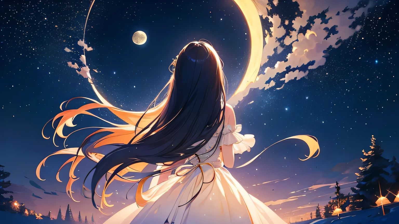 ((best quality)), ((masterpiece)), (detailed), HDR, 8K resolution, (illustration), (starry night), (1 woman),(long hair), (moon), (twinkling star), (night sky), (romantic), , (mysterious figure), (silhouette), (dreamy atmosphere),(turning around),(((So I can’t see my hands)))