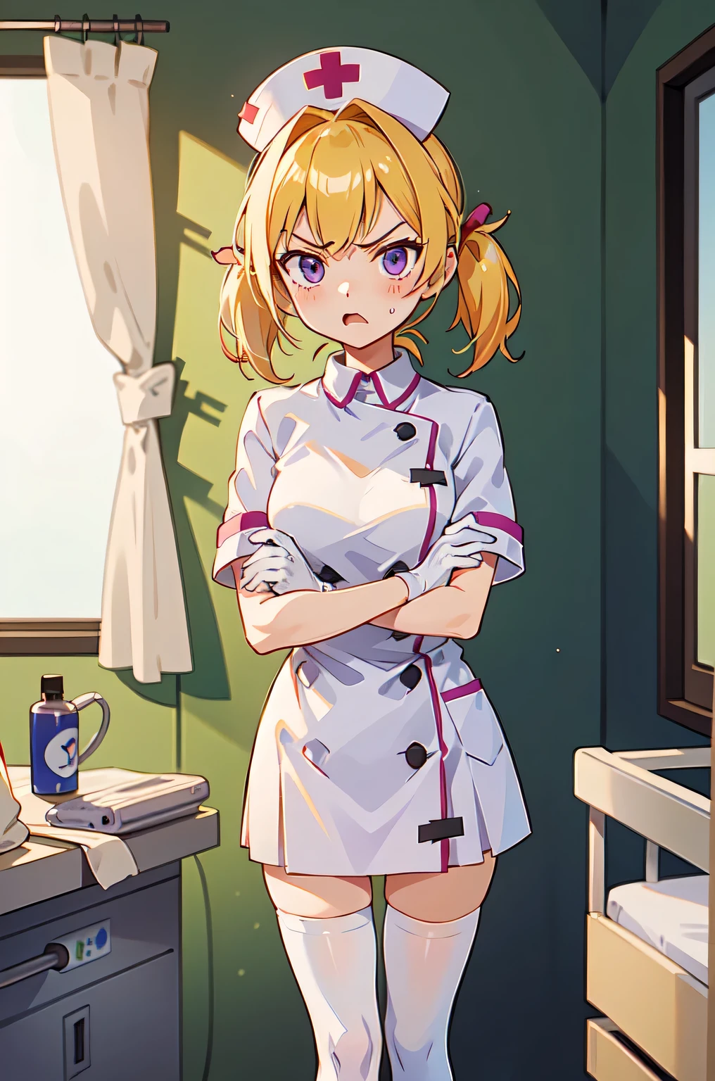 1girl, solo, nurse, nurse cap, white nurse uniform, ((white legwear, zettai ryouiki)), white gloves, twintails, yellow hair, purple eyes, angry, crossed arms, standing, ((hospital room)), sharp outline, short sleeves, best quality, masterpiece