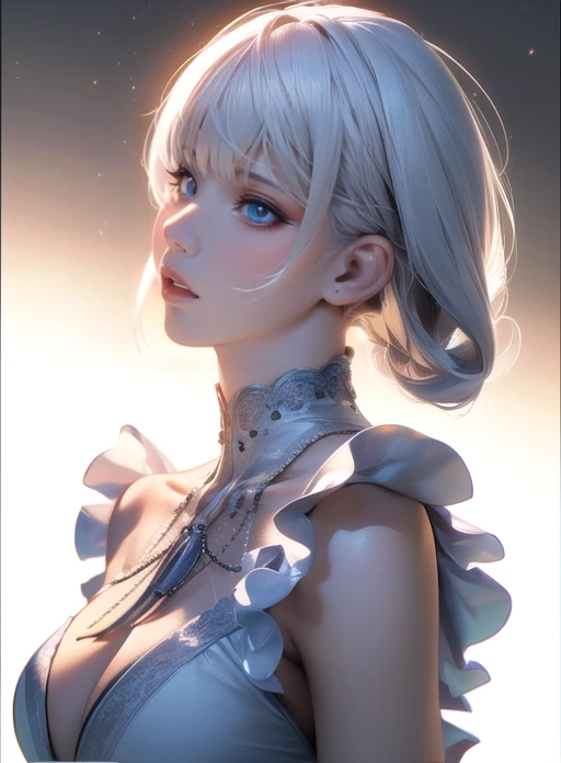 highest quality,A perfect masterpiece,Perfect artwork,Official Works,8k,, (Upper body portrait:1.3),((View from the side:1.5)),Close-up lens,Delicate face,, ,white haired girl,(hakuhatsu:1.5),Short and medium hair,((White, clear eyes:1.5)),(White Dress:1.2),(transparent clothing:1.2),(Black background:1.3),, The illusion of pearls,cyber punk,Fashion Trends,3s material,High resolution,Detailed performance,c4d,3D,Octane Rendering,Ray Tracing,Intricate details,Animation lighting,OCrenderer,