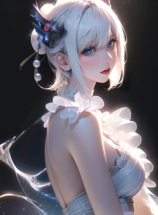 highest quality,A perfect masterpiece,Perfect artwork,Official Works,8k,, (Upper body portrait:1.3),((View from the side:1.5)),Close-up lens,Delicate face,, 17 years old,white haired girl,(hakuhatsu:1.5),Short and medium hair,((White, clear eyes:1.5)),(White Dress:1.2),(transparent clothing:1.2),(Black background:1.3),, The illusion of pearls,cyber punk,Fashion Trends,3s material,High resolution,Detailed performance,c4d,3D,Octane Rendering,Ray Tracing,Intricate details,Animation lighting,OCrenderer,