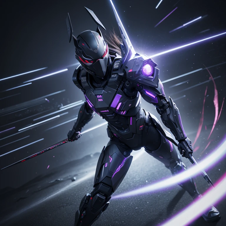 A high detail 8k 3D render full body establishing action shot of a far future cyborg Japanese ninja military prototype in battle, wearing stealthy textured intricate active digital camouflage mesh, summoning a dark purple plasma void spell wormhole, dim, fighting evil in the shadow realm, pixel art infusion, geometric angular hexagonal glitch symmetry, tactical stealth, 🥷🥷 —in 5.1