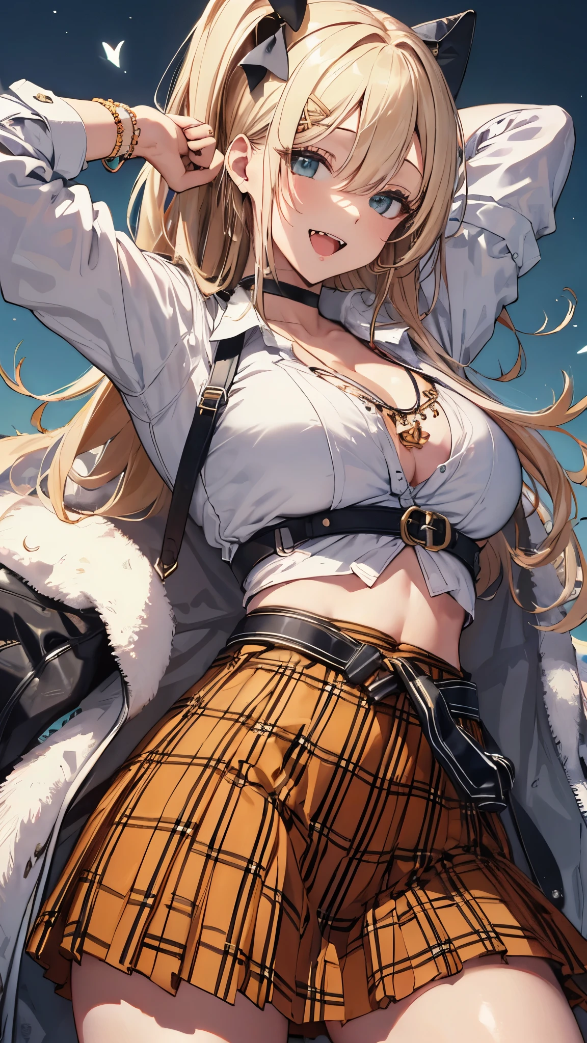 rupeedef,smile,open mouth, skin fang, gyaru, kogal,white shirt, yellow plaid skirt, hair ornament, hair clip, hair ribbon, underwear, (leopard print), jewelry, choker, clothes around waist,cowboy shot,