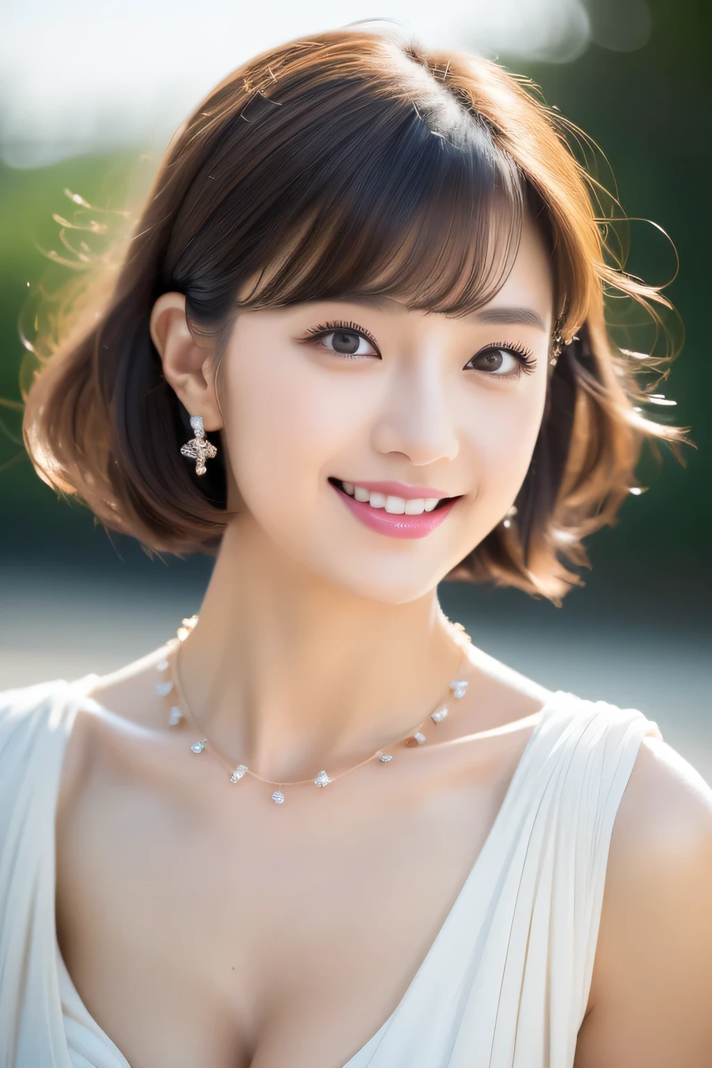 Skinny Japanese woman, 30th Generation, One girl,(Wearing a sparkling sleeveless evening dress:1.2),(RAW Photos, highest quality), (Realistic, photo-Realistic:1.4), masterpiece, Very delicate and beautiful, Very detailed, 2k wallpaper, wonderful, In detail, Very detailedな, High resolution, Soft Light, Beautiful detailed girl, Very detailed eyes and face, Beautifully detailed nose, Beautiful fine details,Cinema Lighting,City lights at night,Perfect Anatomy,smile,
Ultra-detailed eyes, Slit eyes, Brown eyes, double eyelid, Ultra-thin eyebrows, Thin, long eyelashes, Watery eye,
Ultra-detailed lips, Plump and moisturized lips, glossy pink lips, Flushed Cheeks, ((White beautiful teeth)),
Beautiful actress's ennui makeup, Moisturizing lipstick with vibrant color,
Dark Brown Hair, Delicate soft hair, Hair blowing in the wind,
(Put your hair up, Medium Short Hair, ponytail:1.2),
Layered Cut, (Blunt bangs:1.2),
cute smile, Open your mouth a little, A dreamy look, ((Staring at the viewer)),
(((Photorealism))),(((Photographing the whole body from the hip joint:1.5))), ((The body faces the viewer)),
Dynamic Lighting,
Beautiful fashion accessories(((High Detail,High detail,masterpiece,Simple and elegant ornaments,necklace,bracelet, ring, Earrings,))),
Beautiful Women's Mode Fashion,Very stylish and beautiful fashion,Summer Fashion,