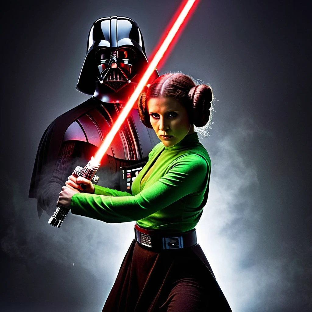 Star Wars-inspired photograph pits Princess Leia, wielding a luminescent green lightsaber, against a formidable Darth Vader, his red lightsaber ablaze. Positioning the focal point on the clashing lightsabers, showcasing brilliance, tension, battle intensity, vibrant hues, decorated 35 awards, legendary character duel, close-ups, neon play, ultra-realistic