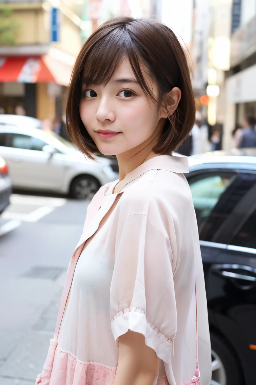 Real People　Japanese　A neat and clean woman　Face that resembles Emma Watson　Layered short hair　Wearing a white shirt　In front of a hair salon in the shopping district　Hair color is pink-brown