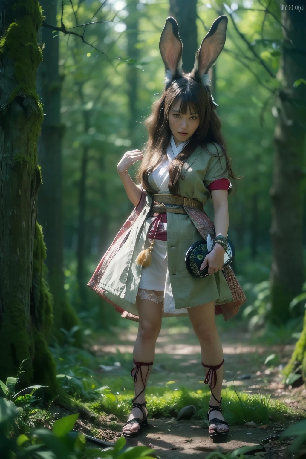 (masterpiece, best quality:1.2), (8k uhd, 16k, 32k, ultra high res), (photorealistic:1.37), (RAW photo), ultimate-realistic, ultimate-realistic details, ultimate-realistic texture, ultimate-intricate details, ultimate-realistic lighting, ultimate-realistic shadow, (japanese girl:1.3), ultimate-cute face, ultimate-RAW skin, ultimate-realistic eyes, (rabbit beast woman), strong animal feeling, full body shot, Standing frightened in a mystical forest