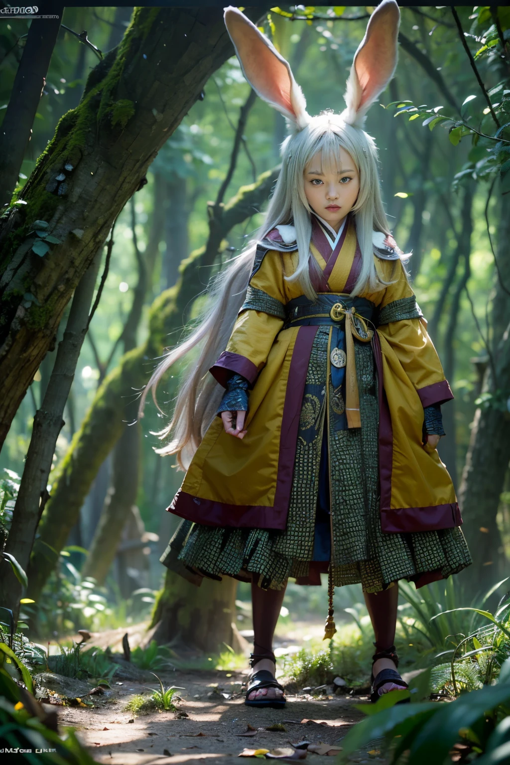 (masterpiece, best quality:1.2), (8k uhd, 16k, 32k, ultra high res), (photorealistic:1.37), (RAW photo), ultimate-realistic, ultimate-realistic details, ultimate-realistic texture, ultimate-intricate details, ultimate-realistic lighting, ultimate-realistic shadow, (japanese girl:1.3), ultimate-cute face, ultimate-RAW skin, ultimate-realistic eyes, (rabbit beast woman), strong animal feeling, full body shot, Standing frightened in a mystical forest