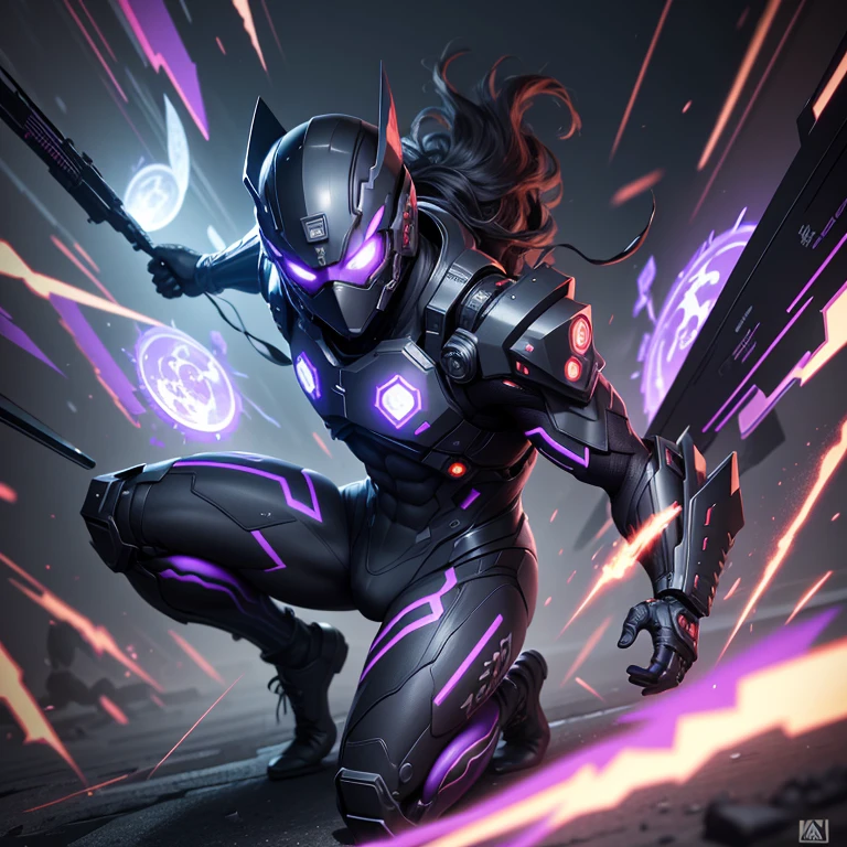 A high detail 8k 3D render full body establishing action shot of a far future cyborg Japanese ninja military prototype in battle, wearing stealthy textured intricate active digital camouflage mesh, summoning a dark purple plasma void spell wormhole, dim, fighting evil in the shadow realm, pixel art infusion, geometric angular hexagonal glitch symmetry, tactical stealth, 🥷🥷 —in 5.1