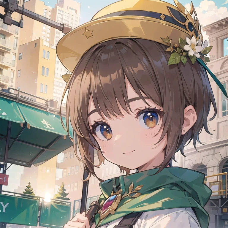 (Extremely exquisite and beautiful work),(masterpiece),Eyes of the stars,best quality,Fine details,Facial details,Brown short hair,Site service,construction site,Take a shovel,Lovely,Big Head,Half Body,International Labour Day,Princess Cut,Site cap,Smile