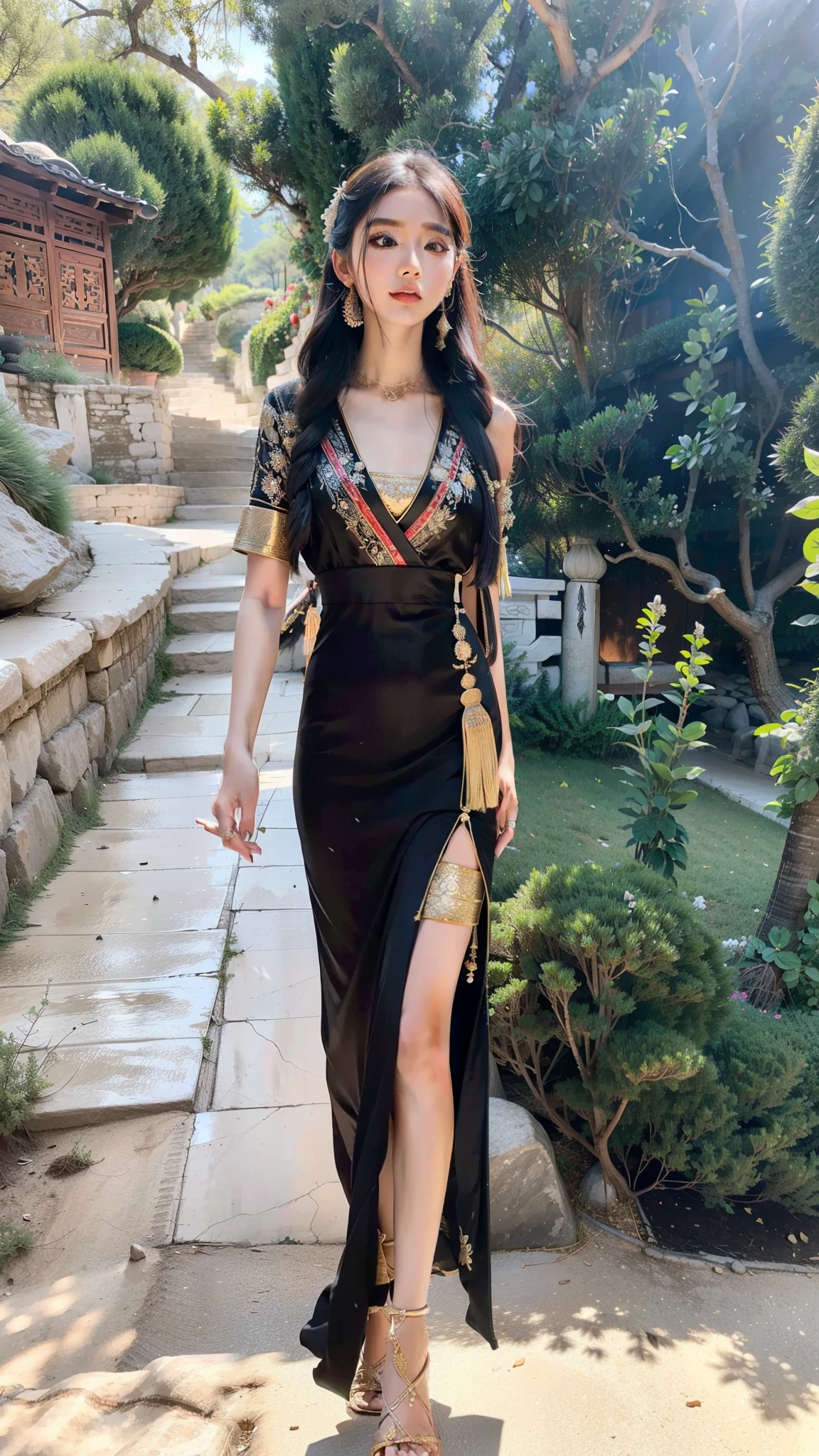 araffe woman in a black dress walking down a path, dressed with long fluent clothes, traditional beauty, beautiful young himalayan woman, wearing an elegant tribal outfit, idian dress, dressed in a beautiful, inspired by Lü Ji, traditional clothes, wearing a long dress, beautiful himalayan woman, in the evening, wearing an elegant dress, traditional dress, wearing beautiful clothes