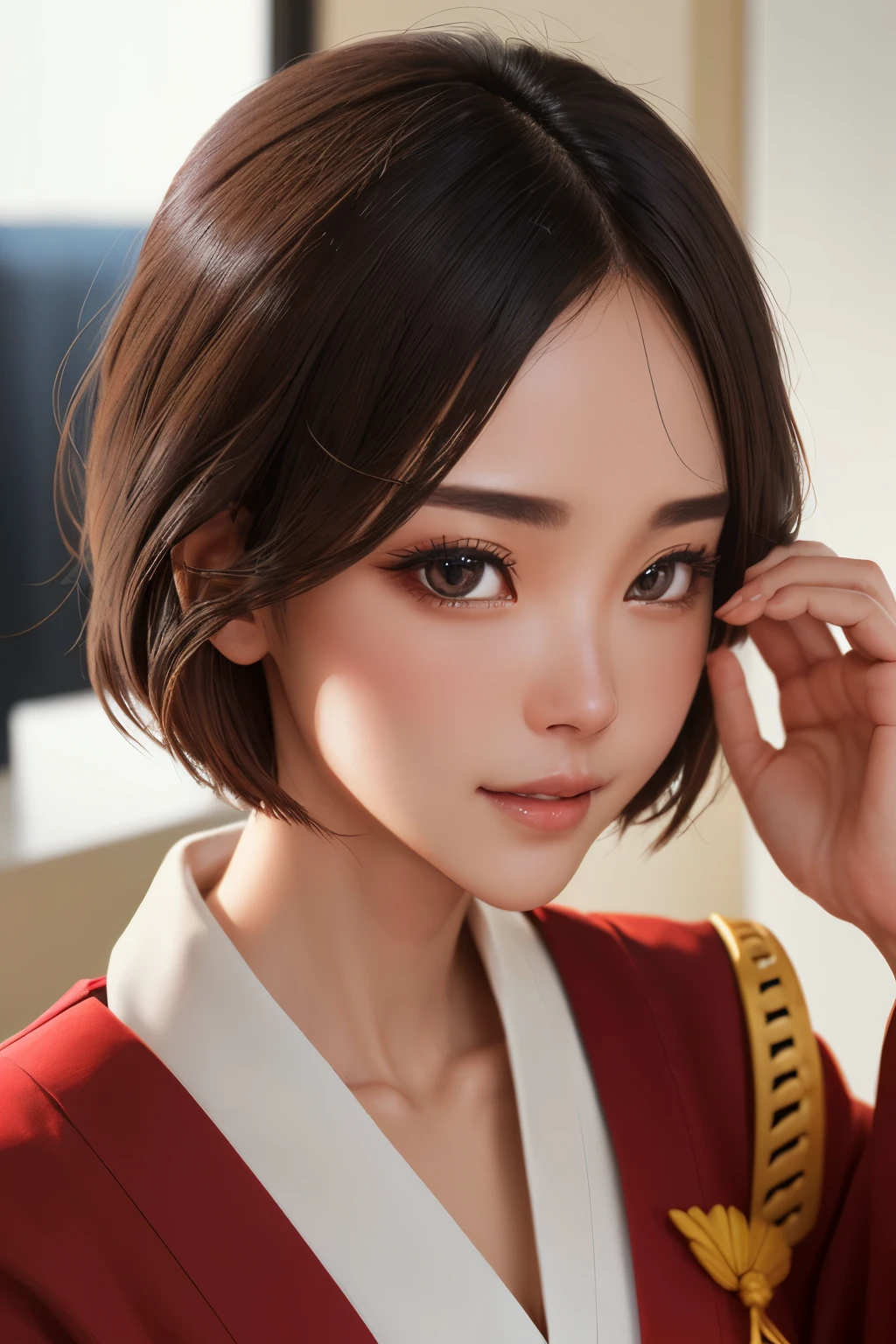 ((best quality)), ((masterpiece)), (detailed), Perfect face, short hair, Wearing an Onmyoji uniform, desire, close up, don't draw her hands.