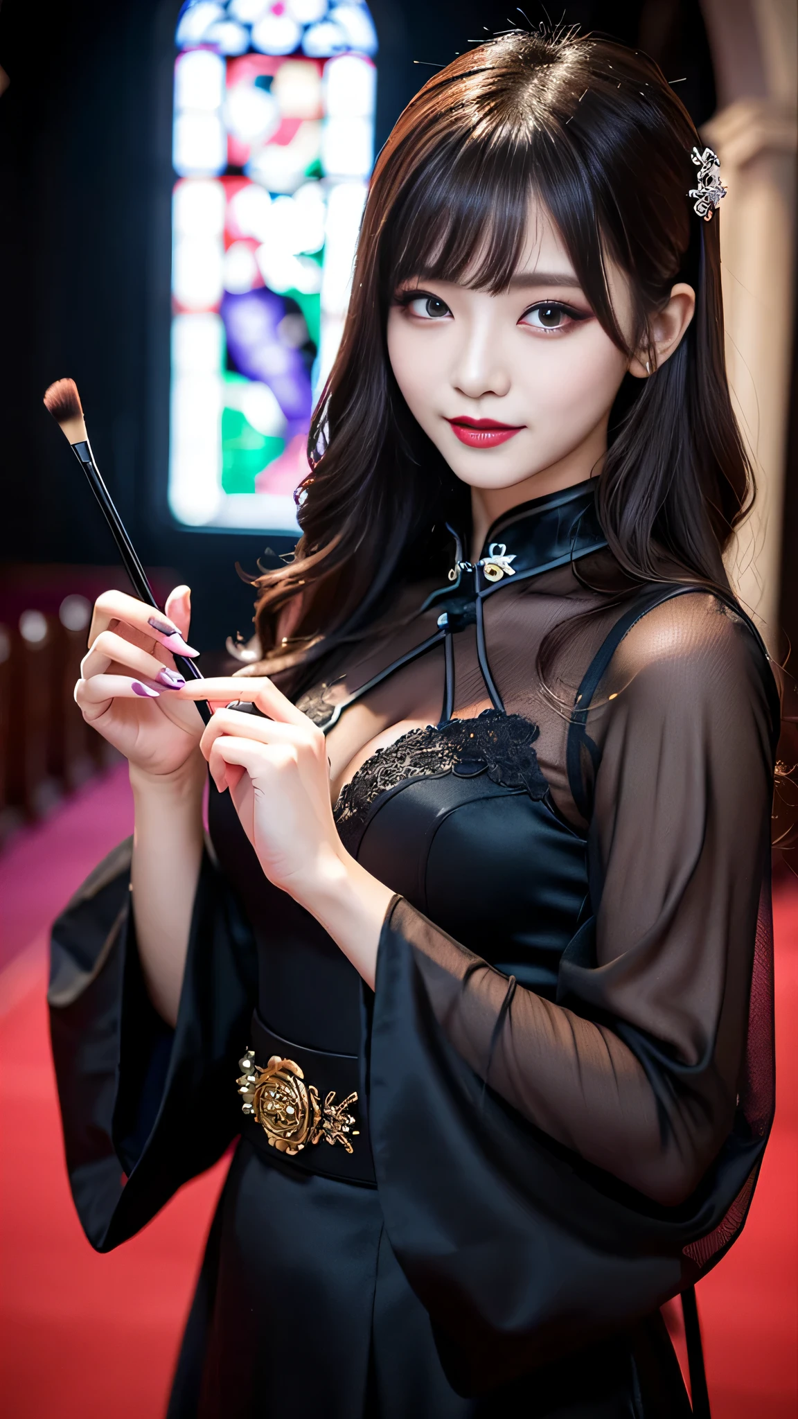 Super detailed、Japanese、charming beauty、seductive adult woman、Beautiful woman、sharp eyes、cool girl、wavy hair、long black cheongsam、wide sleeve、evilの幹部、evil depravity、brainwashing、Mind control、lipstick、grin、evilな表情、evil、empty eyes、evil、church at night、vampire、vampire、Hypnosia makeup brush