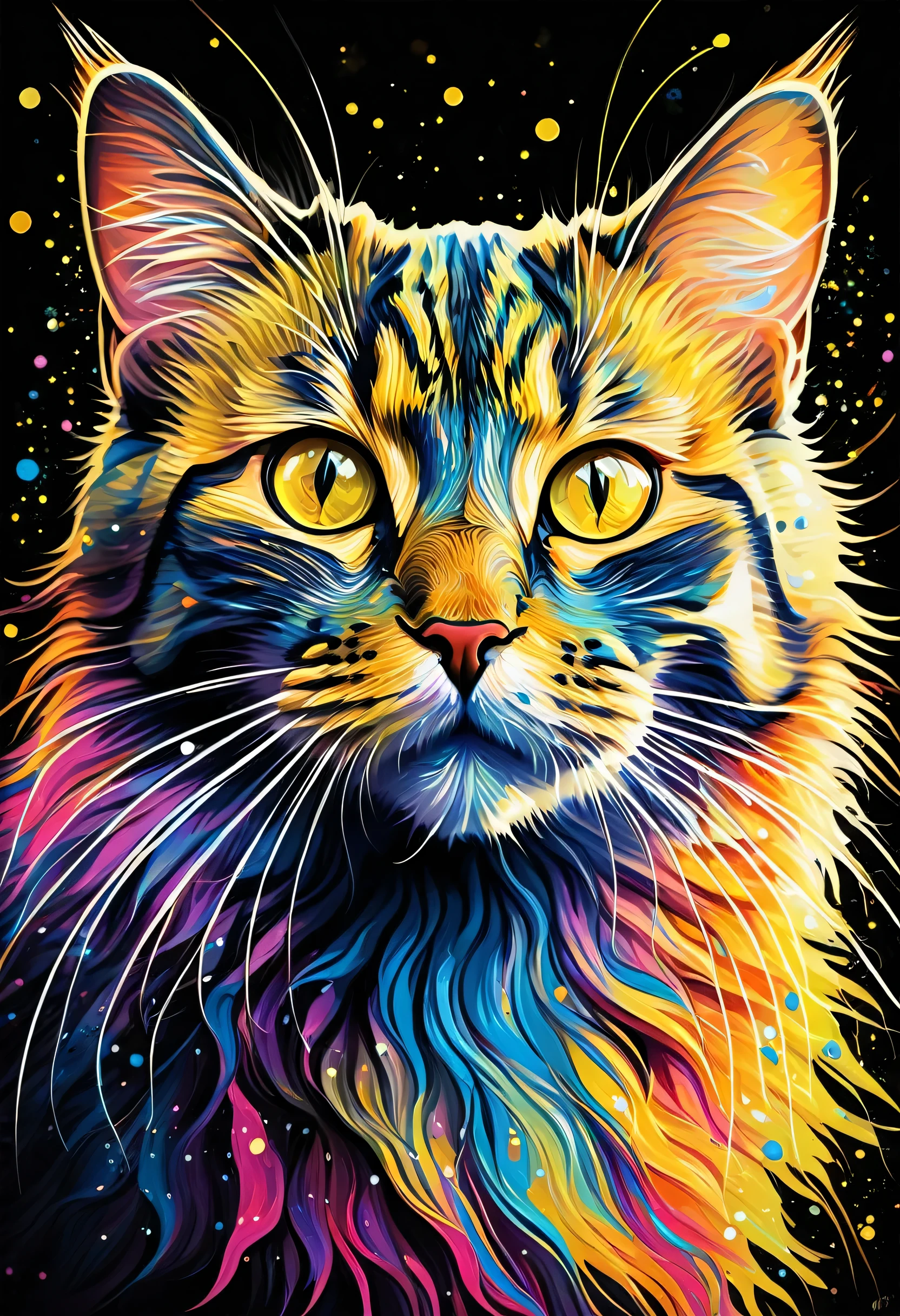 This is a digital artwork of a cat depicted in a vibrant and highly stylized manner. The cat has an array of colors splashed across its fur, including blues, pinks, oranges, and yellows, creating a dynamic and almost celestial effect. The background is dark, enhancing the luminosity and contrast of the colors on the cat. The cat's eyes are particularly expressive, rendered in a bright yellow that draws the viewer in. The whole composition is speckled with what seems like flecks of light or paint, giving the artwork an energetic and lively aura.