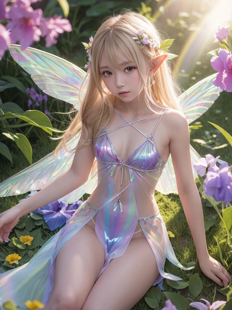 Surrounded by colorful flowers, (Floating on flowers, Shining blonde fairy (Elf)), ((A girl with a pair of beautiful, transparent, shiny wings on her back.))、翼からShine鱗が飛ぶ, (A rainbow-colored dress that shines through the light), Wavelength dispersion, colored glaze, Multicolor prism effect, Rainbow Core, iris, Highly detailed background，Realistic，Ultra-detailed，Highly detailed skin，Shine，Film Grain，According to II，Lens flare，sharp，Shadows in the movie