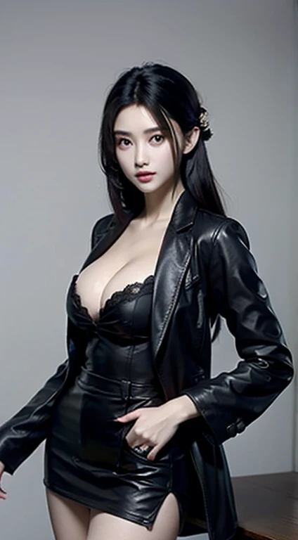 ((best quality)), ((On the table)), (detailed), (emphasize), Perfect face　Young girl&#39;s face detail showing cleavage、Red eyes and long, Thick, smooth, pretty black hair，Bangs、Monochrome background、Wear it standing with a blazer and miniskirt、