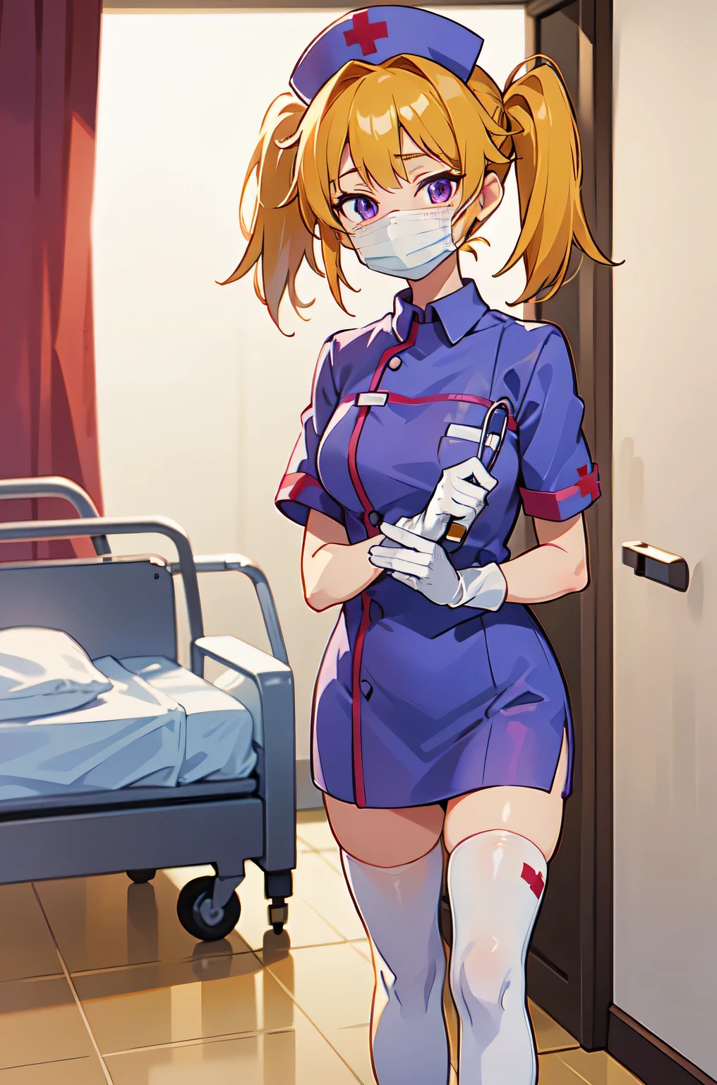 1girl, solo, nurse, nurse cap, white nurse uniform, ((white legwear, zettai ryouiki)), white gloves, twintails, yellow hair, purple eyes, ((white surgical mask, covered nose)), standing, ((hospital room)), sharp outline, short sleeves, best quality, masterpiece