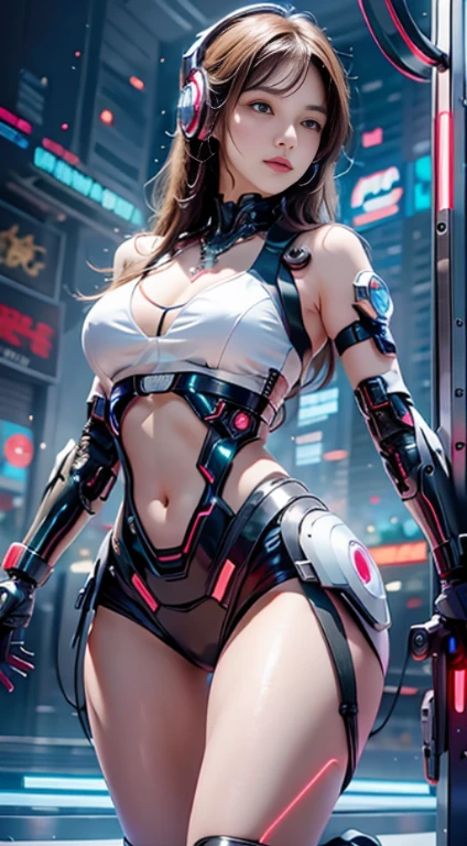 Virtual image,Realistic 8K images,hips up,Masterpiece,Complete Anatomy,Complete dynamic composition,morning sun,Light hits the front,young woman with long brown hair,With 4 arms,Cyberpunk girl with 4 arms,The machine is connected to the body.,Wear headphones with bright neon lights.,alone,,Has tattoos on his upper arms and stomach.,complicated details,Weird details,future world,Above expectations,Cyberpunk with bright neon lights all around.,glowing cyberpunk,cybernetic robot((White-red-yellow-gold cyberpunk figure..)),Bikini body-,white tank top,The background of the large gears is deserted..