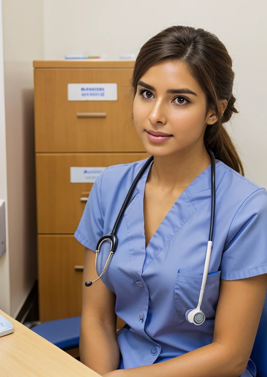 Young doctor sitting in clinic facing camera, paciente en consulta.