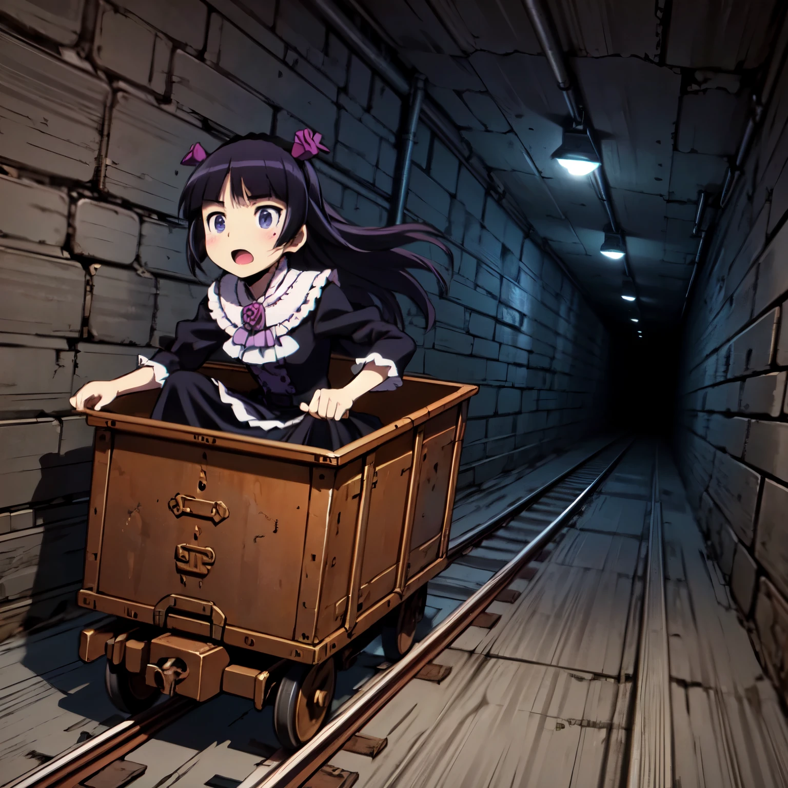 (ruri gokou), Anime screenshots, masterpiece,  Nice hands, highest quality,  One Girl,  alone, Flat Chest, Hime cut, Black Costume, Gothic Lolita, Lolita Fashion, head band, (Strengthened knees:0.5), driving Boxed-shaped minecar,Run through the narrow and dark underground tunnels of the dungeon,Rusted,iron,Box-shaped minecart,Boxed,iron道の線路,Speed Line,Dark Background,floating hair,Wind, , shout