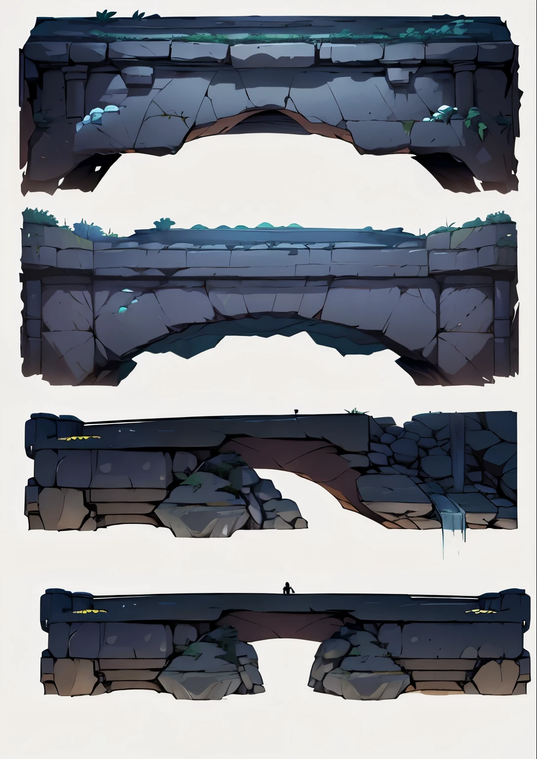 uma caverna escura, cave with dead roots, cave with rigid walls, escombros e pedras rachadas, support pillars, plataformas de pedra, rock excavation, roots coming out of platforms, Poor lighting, pilastras rochosas, ponte de pedra, caverna, pedras, ruins.