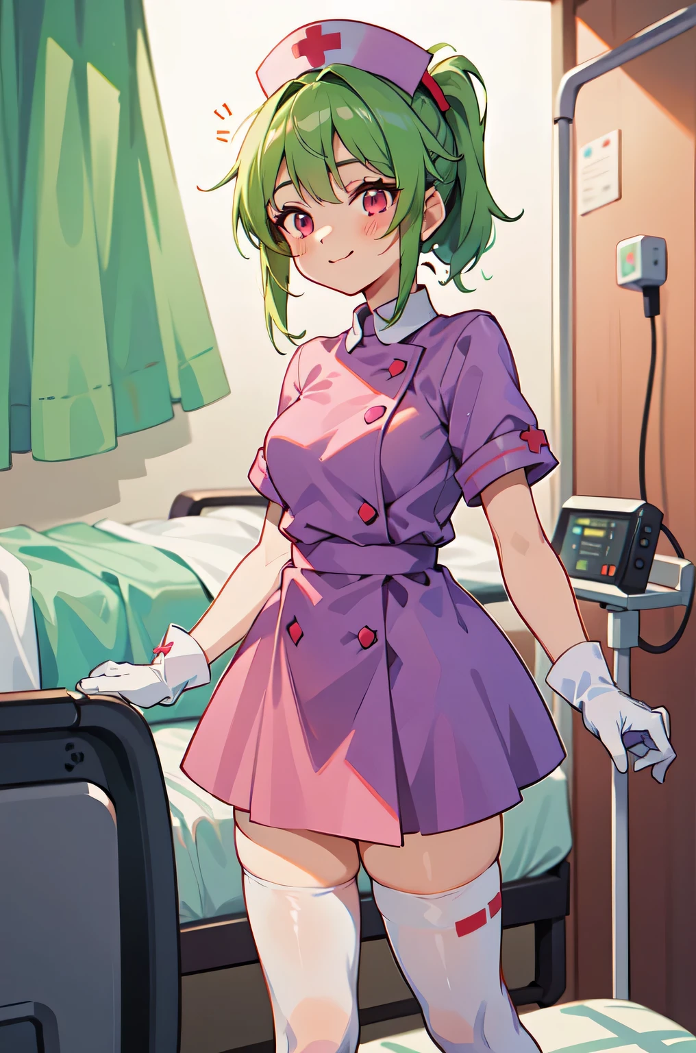 1girl, solo, nurse, nurse cap, white nurse uniform, ((white legwear, zettai ryouiki)), white gloves, ponytail, green hair, pink eyes, smile, standing, ((hospital room)), sharp outline, short sleeves, best quality, masterpiece