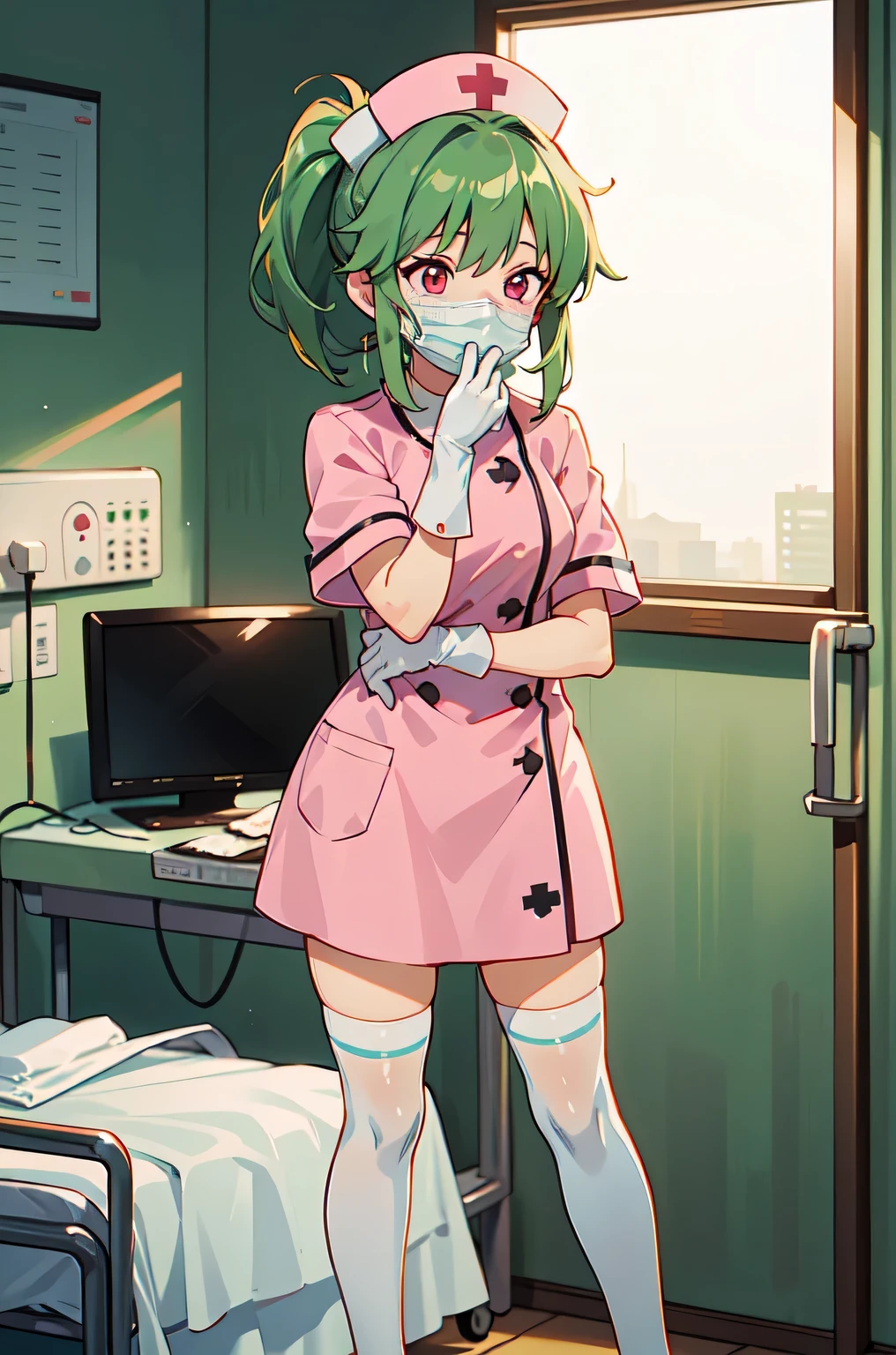 1girl, solo, nurse, nurse cap, white nurse uniform, ((white legwear, zettai ryouiki)), white gloves, ponytail, green hair, pink eyes, ((white surgical mask, covered nose)), standing, ((hospital room)), sharp outline, short sleeves, best quality, masterpiece