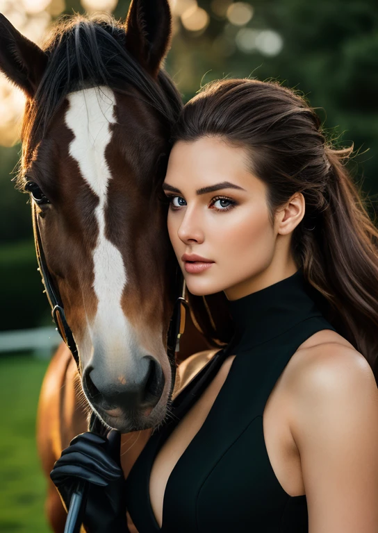 Masterpiece, realism, digital art, close up portrait of a model with a horse, all black elegant suit, black knee boots, black gloves, natural lighting, bokeh