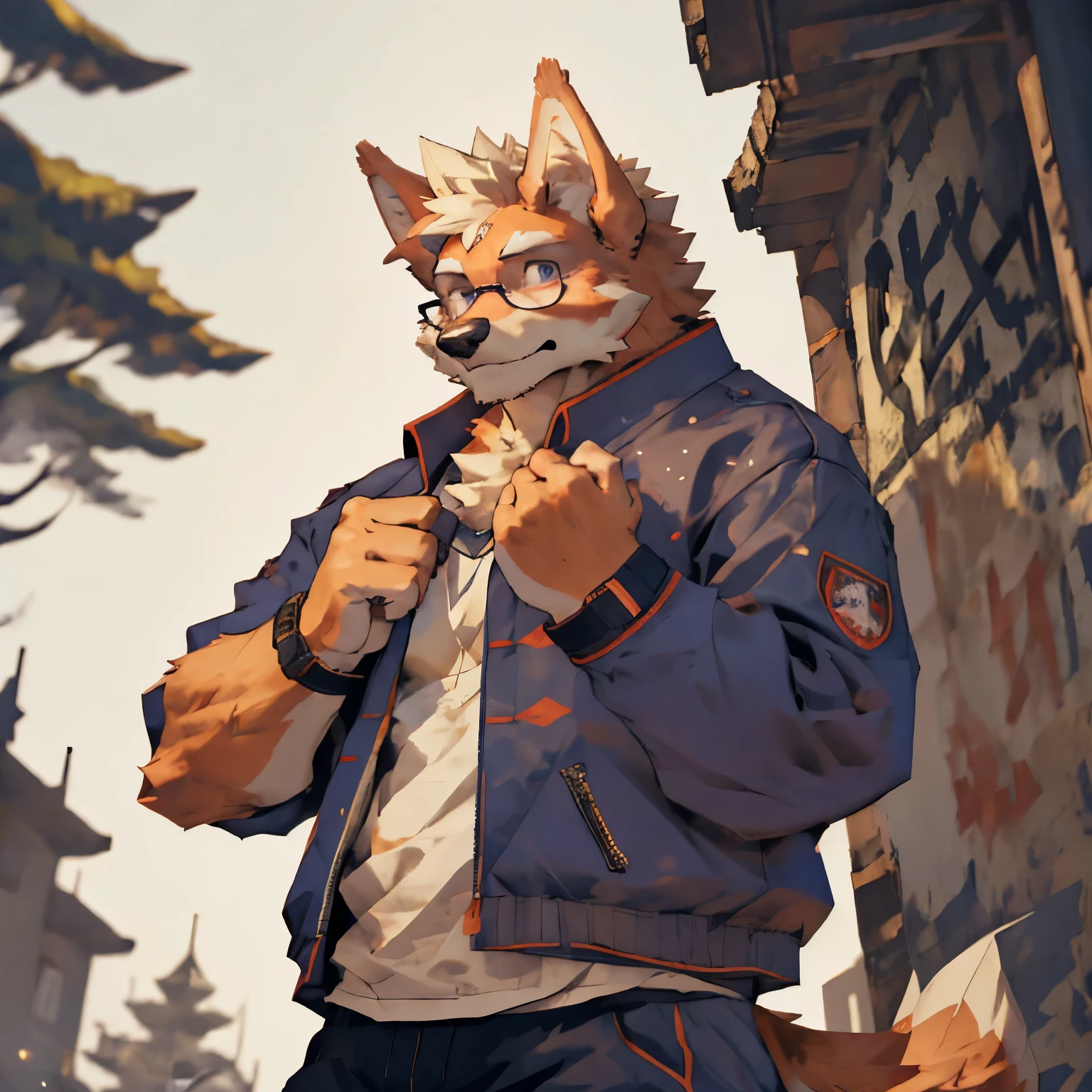 (masterpiece,best quality,Ultra Detailed,Perfect anatomical structure),Detailed background,Empty,New Jersey 5 Furry,Beast field, Perfect lighting,Light Particles,Sharp focus,Light Particles,Dog 1145,by lindong, Break the dark theme,external,teacher,FOG, Solitary,Solitary foucs,male,male focus,anthropology,Canines,Chinese Pastoral Dog,a little muscular,(bust), (light yellow fur:2,White body:1.5),(Looking at the picture)(blue eyes),Delicate eyes, wearing clothes,Bottoms,wear glasses,a sunny day,sunshine,((Turn sideways)),((hold out to the picture)),(flushed face),(shy)