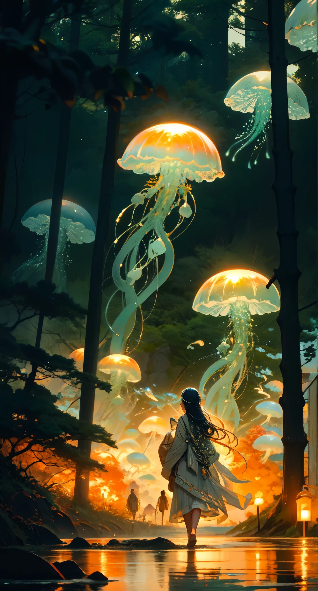 blue jellyfish,jellyfishforest, 1girl, long hair, dress, solo, black hair, mushroom, nature, white dress, outdoors, tree, walking, forest, water