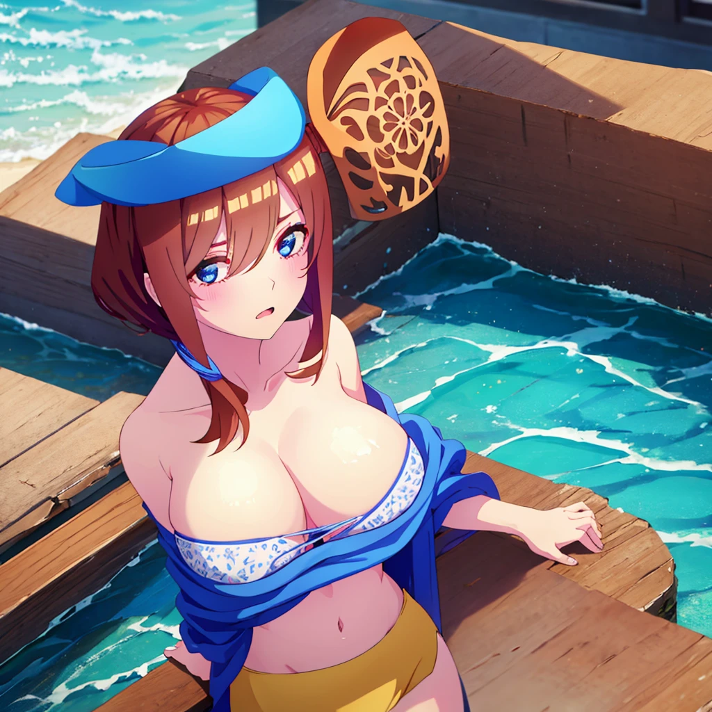 big Breasts、Blue swimsuit、Embarrassed face、blush、big 、Sandy Beach、Beach、bikini、Cleavage、beauty、Her breasts are exposed、Expose、乳首をExpose、brown hair、Clothes were taken off.、The girl is alone、My stomach feels tight、Showing off her chest、A chest that can&#39;t be hidden