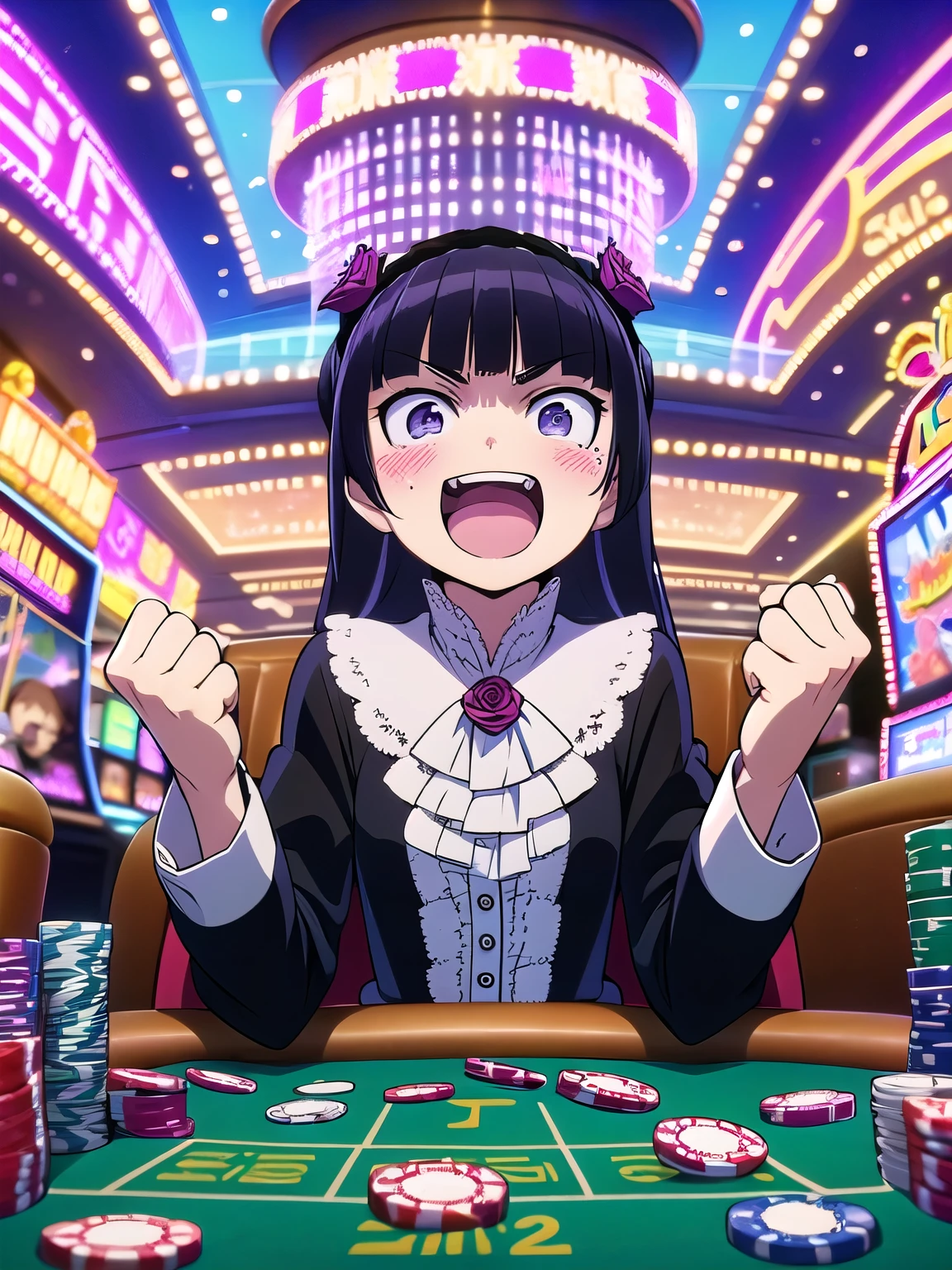 (ruri gokou), Anime screenshots, masterpiece,  Nice hands, highest quality,  One girl,  alone, Flat Chest, Hime cut, (Black Costume), Gothic Lolita, Lolita Fashion, head band, (((cheering, excited, grin, money, happy ,clenched hands, upper body, evil smile, looking down))),poker chip,depth of field,indoors,casino,casino card table,leaning forward,slot machine,casino room,carpet,