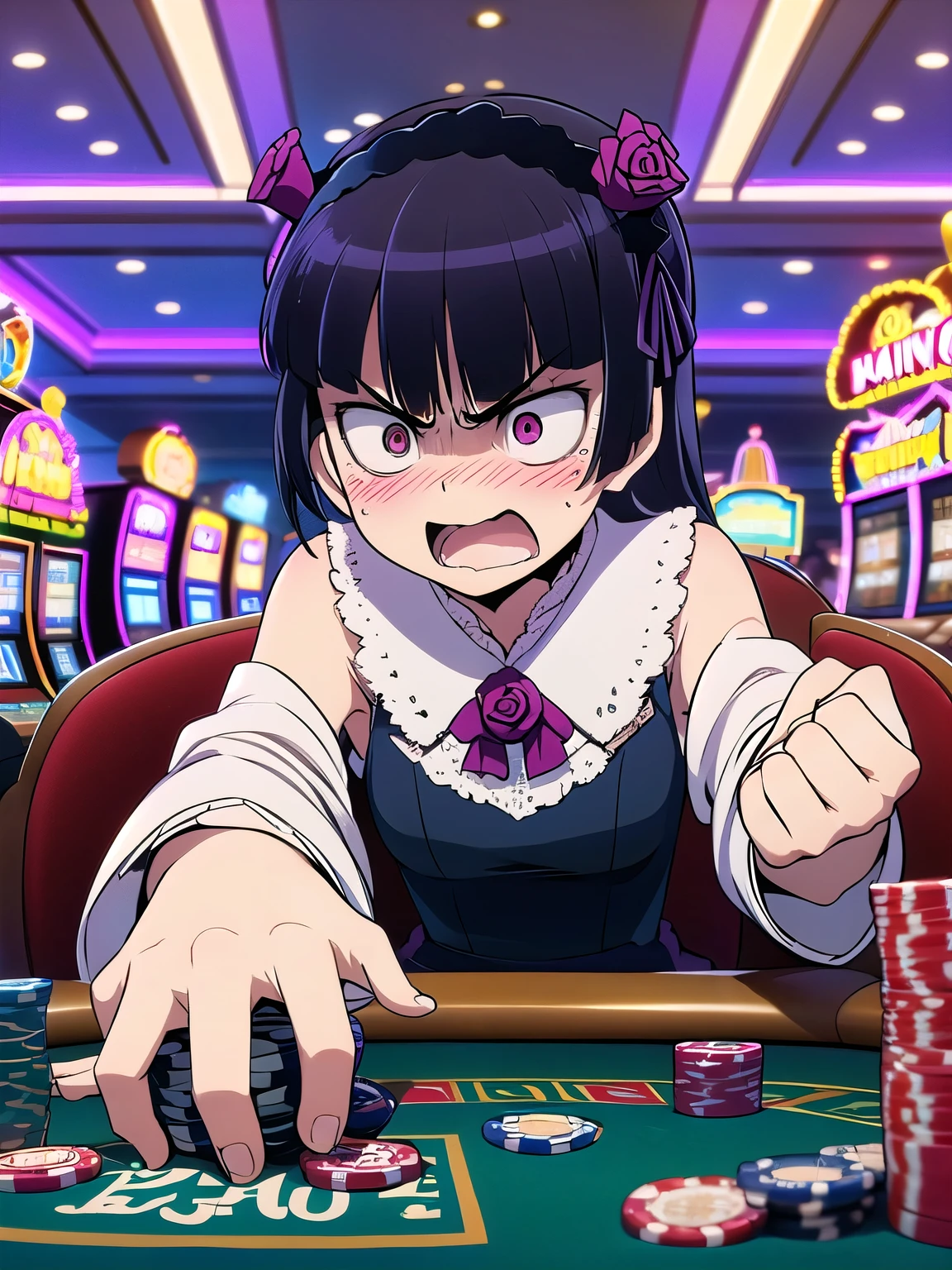 (ruri gokou), Anime screenshots, masterpiece,  Nice hands, highest quality,  One girl,  alone, Flat Chest, Hime cut, (Black Costume), Gothic ****ta, ****ta Fashion, head band, (((getAngry, crazy eyes, frustrated, blush, anger, anger vein, holding, reaching out, constricted pupils, too many pocker chip,upper body))),poker chip,depth of field,indoors,casino,casino card table,leaning forward,slot machine,casino room,carpet,