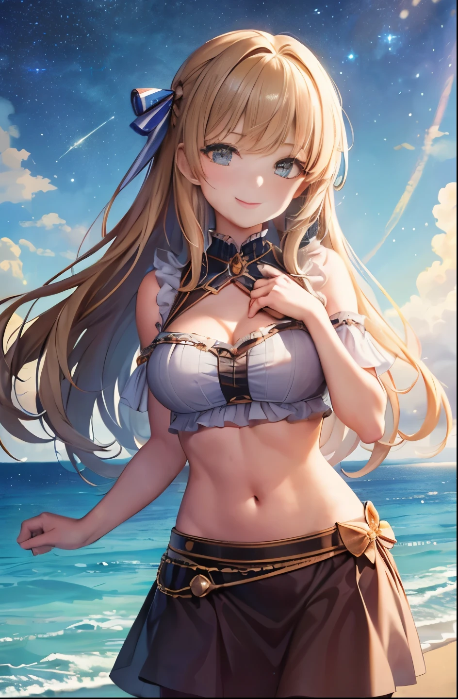 ((masterpiece,highest quality, detailed)), Cowboy Shot, (One girl:1.2), alone, (Captivating smile:1.3), chest, Are standing, View your viewers, (Ocean:1.3),(Starry Sky:1.3) ,  