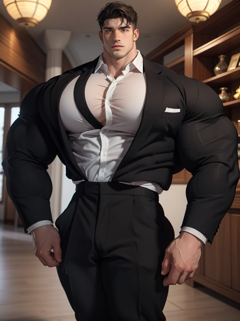 best quality,masterpiece,1boy,men,A handsome,mature man. The man is depicted with a chiseled and strong jawline,piercing and alert eyes. Brutalmass, giant, heavyweight bodybuilder, big muscle, massive body, large size. He has a confident and self-assured posture,standing tall and proud with his shoulders squared and his head held high. His features are well-proportioned and symmetrical,giving him a classic and handsome appearance. He is dressed in a stylish and sophisticated outfit,comprising a tailored suit jacket,crisp white shirt,and sleek black pants. Overall,the man exudes charisma,charm,and an air of sophistication and refinement.,Gothic,skyscraper,wood,