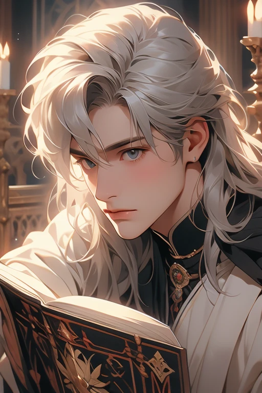 1male, calm, adult, age 35 face, short messy hair with bangs, white hair, royalty, prince, wears black clothing, in a castle, adult face, two hands, sitting at a table with a book, adult face, medieval times, close up,  calm