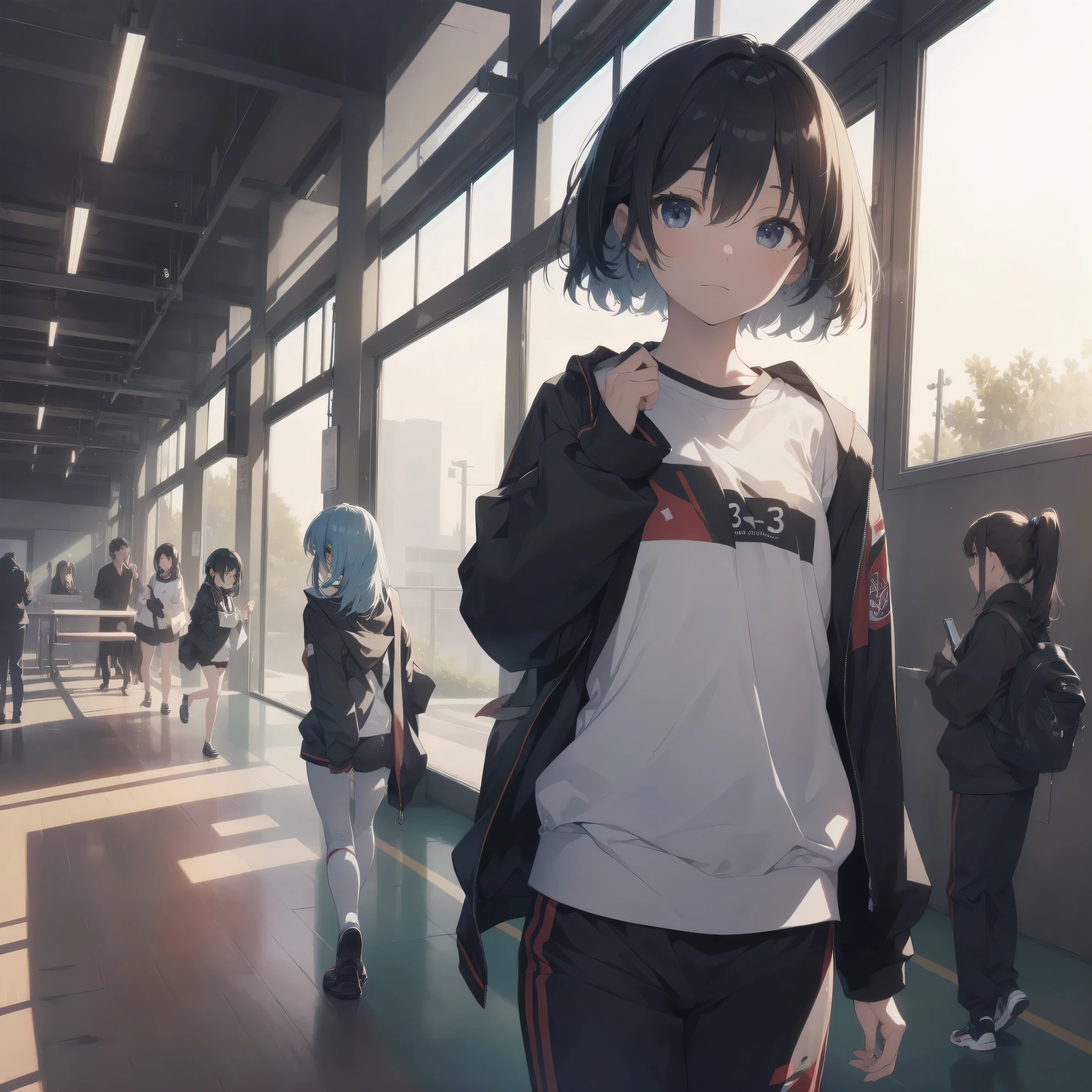 ultra-absurdres-Top quality by artist God, ultra-detailed, high resolution, anime moe artstyle, best anime 8k konachan wallpaper, pixiv contest winner,pool:2810, perfect anatomy,break, 1girl, (Please draw a tomboy walking smily to school alone. )break,(Solo,little female, 13-year-old:1.3),Full limbs, complete fingers, (very short hair), ponytail, flat chest, , small butt, small black eyes, beautiful detailed eyes, well-proportioned iris and pupils, expressive eyes, highres detailed hair, soft expression, school_gym uniform, official_alternate_costume, short gym shorts,(Detailed Lighting), (Detailed background), in the School commute route. break,super detailed skin, Best cinematic lighting powered by famous artist, 8k,beauty illustration,photoshop_(medium),very aesthetic,break,((artist:ojipon )), artist:akinashi yuu ,artist:oyari ashito ,artist:kantoku ,