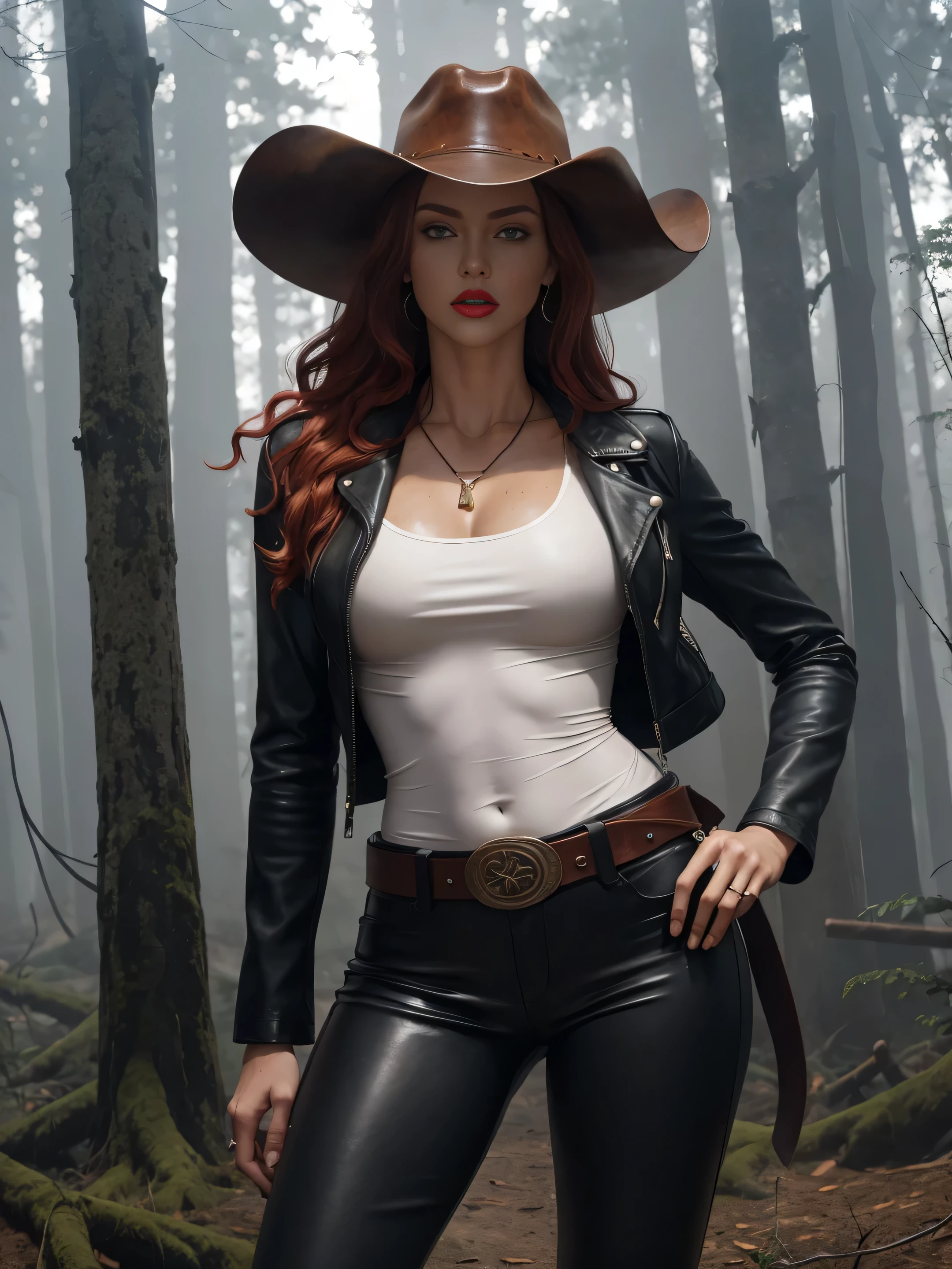 full bodyn sexy beauty archaeologist, thin, tall, long curly red hair, green eyes, red lips, white skin, athletic, slim, tight brown leather pants, blue t-shirt, black leather jacket, cowboy hat, black high boots, wide leather belt, lasso on his waist, standing in a primeval forest, mist, fog, blurred shadows, dark faded colors, photorealistic,