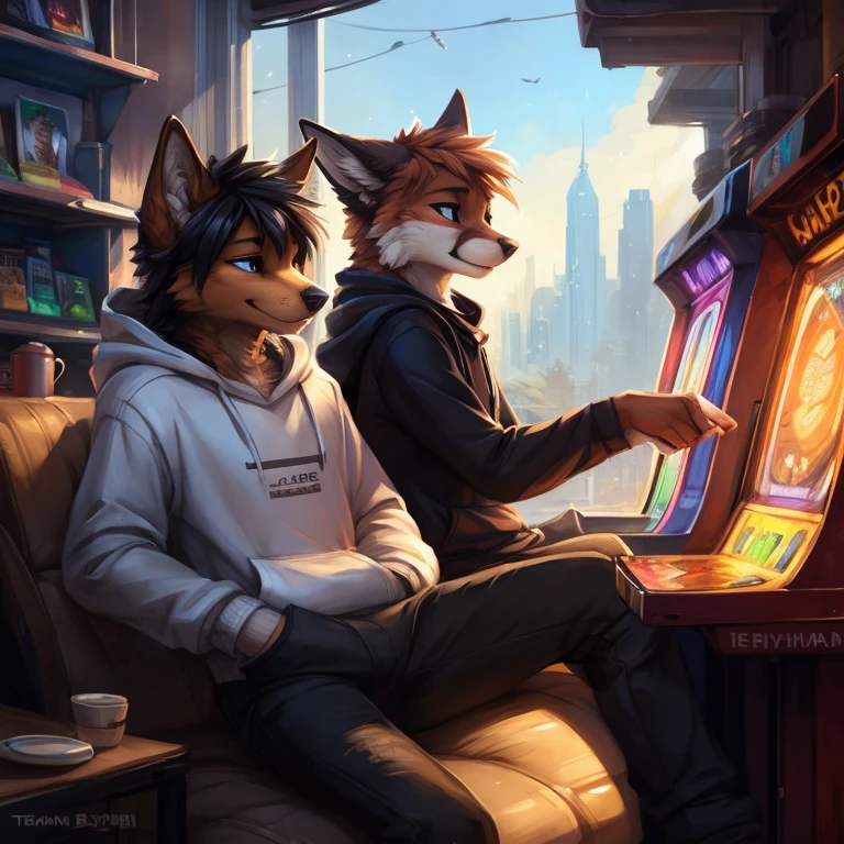 by kenket, Ross Tran, ruan jia, zaush, foxovh, by Zackary911, by hyattlen, by teranen, by fumiko, by Pixelsketcher, by Bayard Wu, by Thomas Benjamin Kennington, by Einshelm, by Kilinah, by Coffeesoda, by Hioshiru, by fluff-kevlar, bye r-mk, by Dimwitdog, Solo, Female, Inside arcade, Playing arcade games, (Female wearing white logo hoodie and Black pants), (Against chair, (Tons of Cum leaking out pussy)