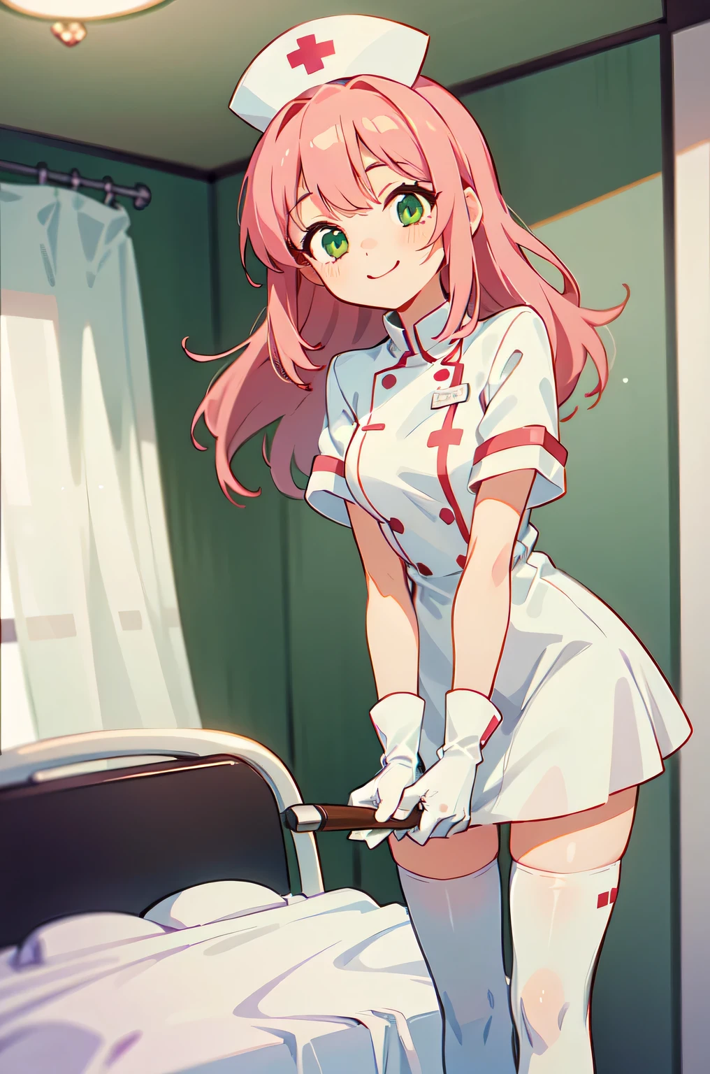 1girl, solo, nurse, white nurse cap, white nurse uniform, ((white legwear, zettai ryouiki)), white gloves, pink hair, green eyes, drooping eyes, smile, standing, ((hospital room)), sharp outline, short sleeves, best quality, masterpiece