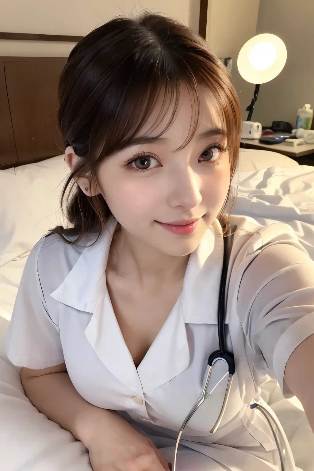 (1girl)、(Japanese、27 years old、Refreshing、clear、seems kind、stylish、(narrow eyes)、Pitiful、cute like an angel、cute、black eyes、Idol,actress,), Good style and slenderness, (Beautiful big breasts:0.7),(soft breasts),(very cute),(brown hair),,(tendrils),(medium long hair),(enchanting eyes),(highlight on eyes:1.2)、(8K、Live shooting、highest quality、masterpiece:1.2、optimal lighting)、((masterpiece)),(Photo taken by a professional photographer),(real、photo real:1.4),break,{ (white nurse costume),(((taraditional nurse uniform))),(white nurse mini skirt),(( pantyhose)),(cleavage:0.7)},(Smile1.0),(cheeks are red:1.2)、,((talking to a patient lying in bed:1.2))、Face close-up:1.3,Looking at viewer、Mouth wide open, break, break,Hospital room,Hospital bed,Mouth wide open:1.3
