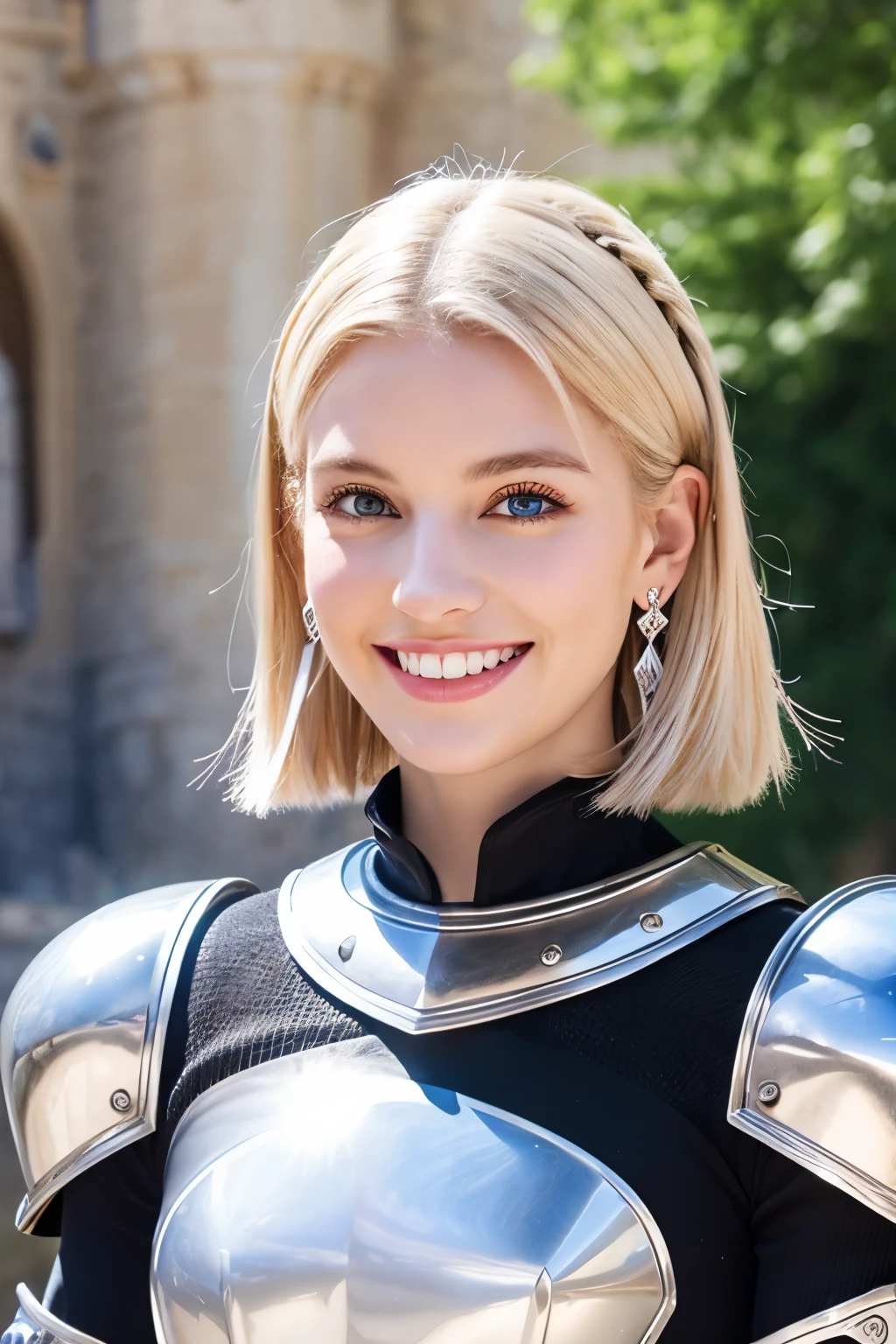 8K、highest quality、female knight、Luxurious Silver Armor、、hairstyle short cut、smile、Beautiful Teeth、Full body photo、ear piercing、blonde、White woman、blue eyes、Heavy makeup、The background is inside the castle