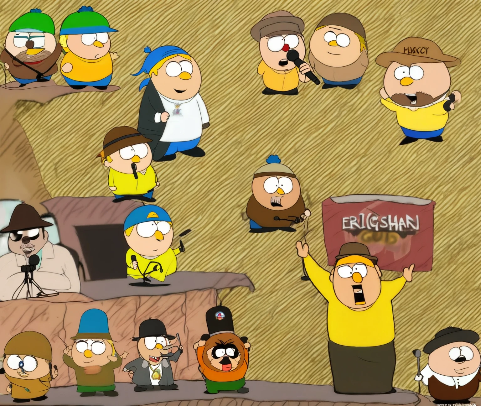 a cartoon of a man with a hat and a microphone, in style of south park, eric cartman, senko-san, south park, south park style, eric cartman in real life, Light Brown Hat, yellow shirt, from family guy, family guy style, a character based on a haggis, bob clampett, giga chad capaybara, brown robes