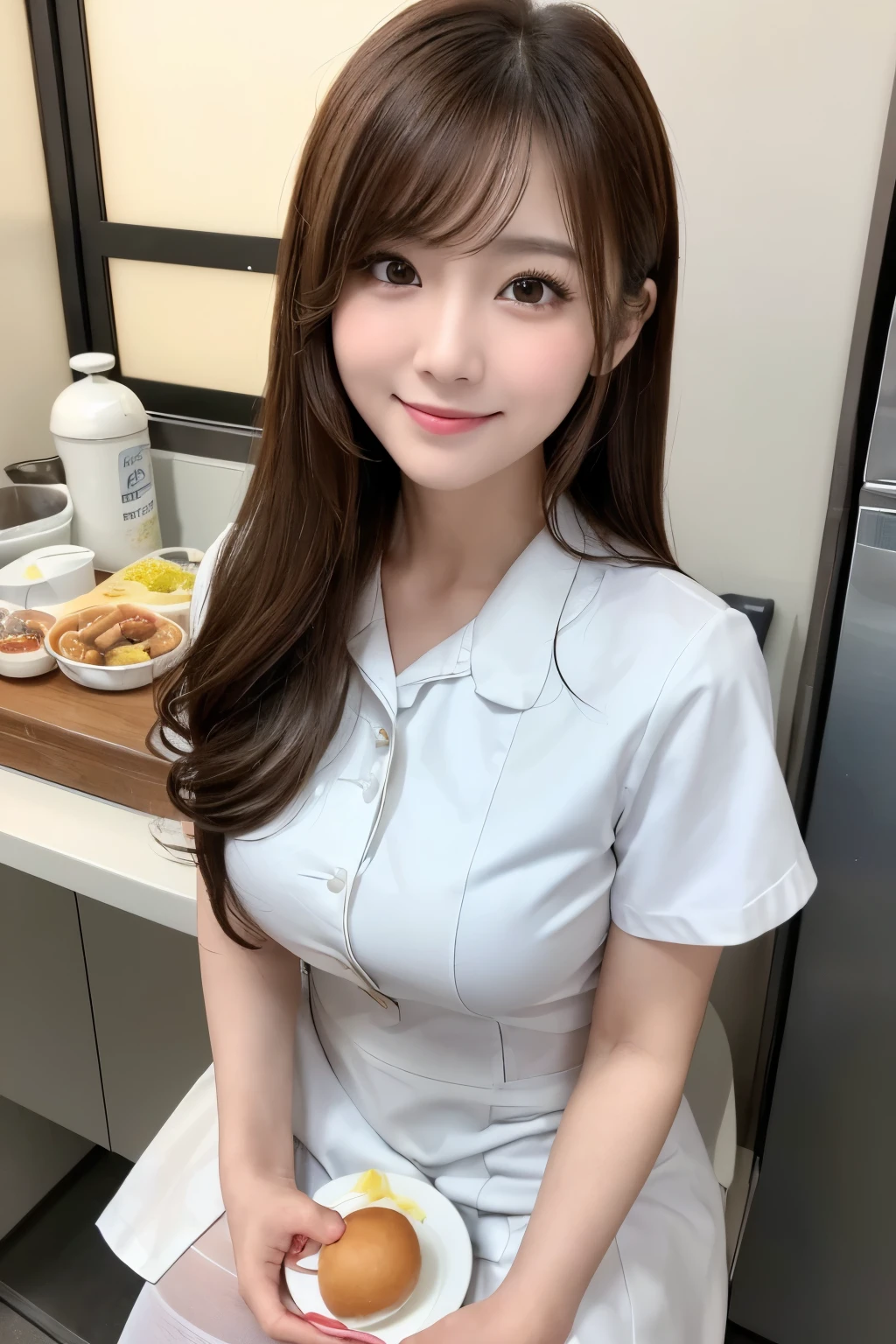(1girl)、(Japanese、27 years old、Refreshing、clear、seems kind、stylish、(narrow eyes)、Pitiful、cute like an angel、cute、black eyes、Idol,actress,), Good style and slenderness, (Beautiful big breasts:0.7),(soft breasts),(very cute),(brown hair),,(tendrils),(medium long hair),(enchanting eyes),(highlight on eyes:1.2)、(8K、Live shooting、highest quality、masterpiece:1.2、optimal lighting)、((masterpiece)),(Photo taken by a professional photographer),(real、photo real:1.4),break,{ (white nurse costume),(((taraditional nurse uniform))),(white nurse mini skirt),(( pantyhose)),(cleavage:0.7)},(Smile1.0),(cheeks are red:1.2)、,((Breakfast cart))、Face close-up:1.3,Looking at viewer、Mouth wide open, break, break,Hospital room,