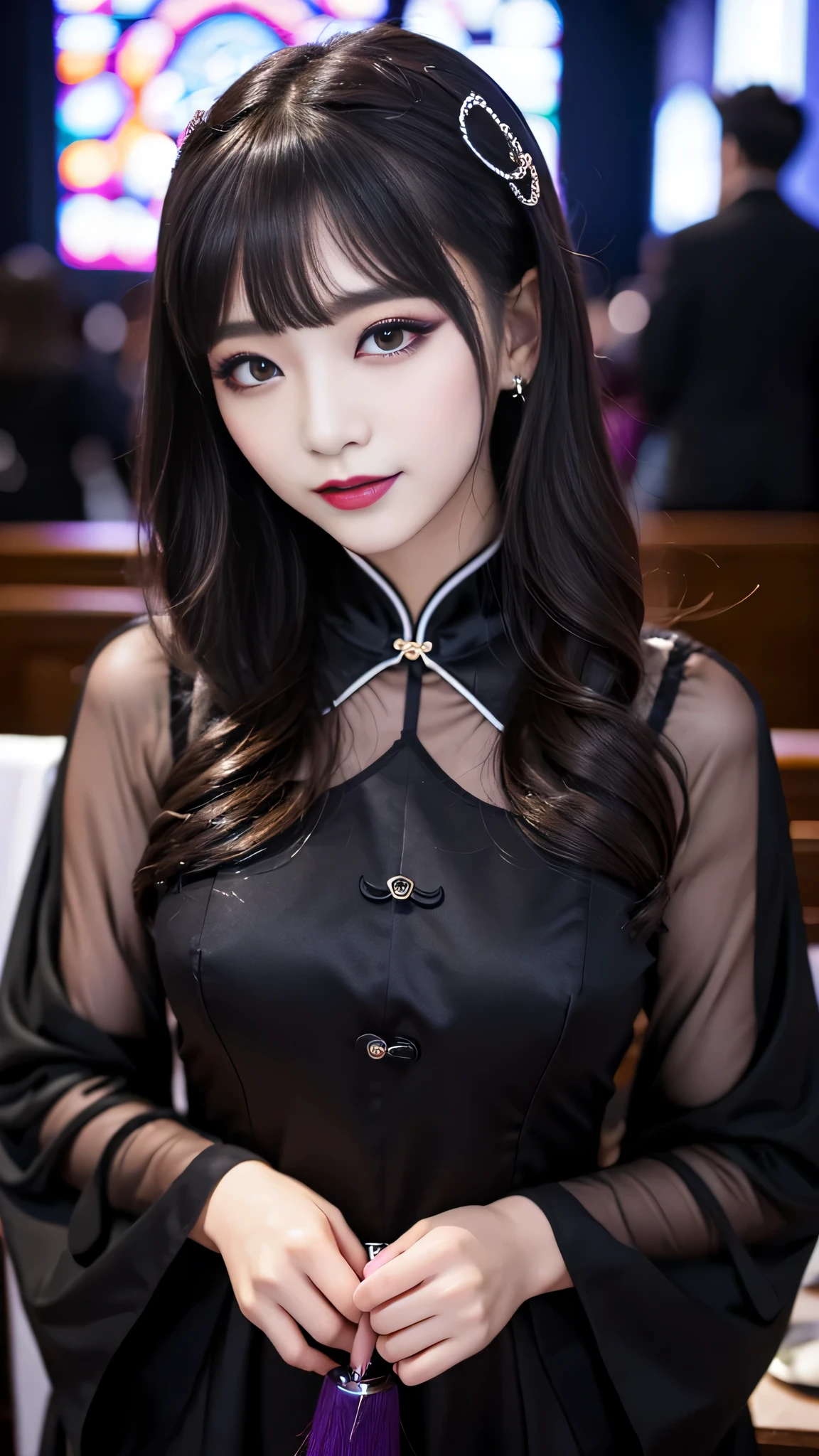 tra-detailliert、japanisch、attractive beauty、seductive adult woman、pretty Woman、stechenden Augen、cool girl、welliges Haar、gefegter Pony、Langes schwarzes Cheongsam、wide sleeves、Evil Squad、Fallen into Teuflisch、brainwashing、Bewusstseinskontrolle、Lippenstift、Lipgloss、dunkles Make-up、Grinsen、Whisper in my ear、Teuflisch facial expression、Teuflisch、Hohle Augen,halbgeschlossene Augen、leere Augen、Teuflisch、Kirche in der Nacht、Vampir、Sukkubus、Vampir、Swear loyalty、sexy Pose、Haarschmuck、