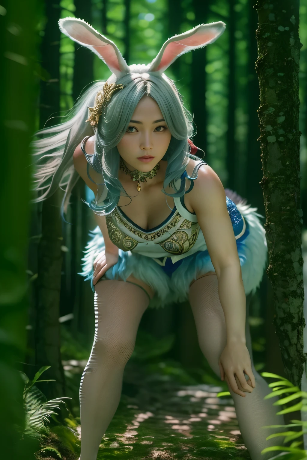 (masterpiece, best quality:1.2), (8k uhd, 16k, 32k, ultra high res), (photorealistic:1.37), (RAW photo), ultimate-realistic, ultimate-realistic details, ultimate-realistic texture, ultimate-intricate details, ultimate-realistic lighting, ultimate-realistic shadow, japanese girl, ultimate-cute face, ultimate-RAW skin, ultimate-realistic eyes, (rabbit beast woman), strong animal feeling, full body shot, Standing frightened in a mystical forest
