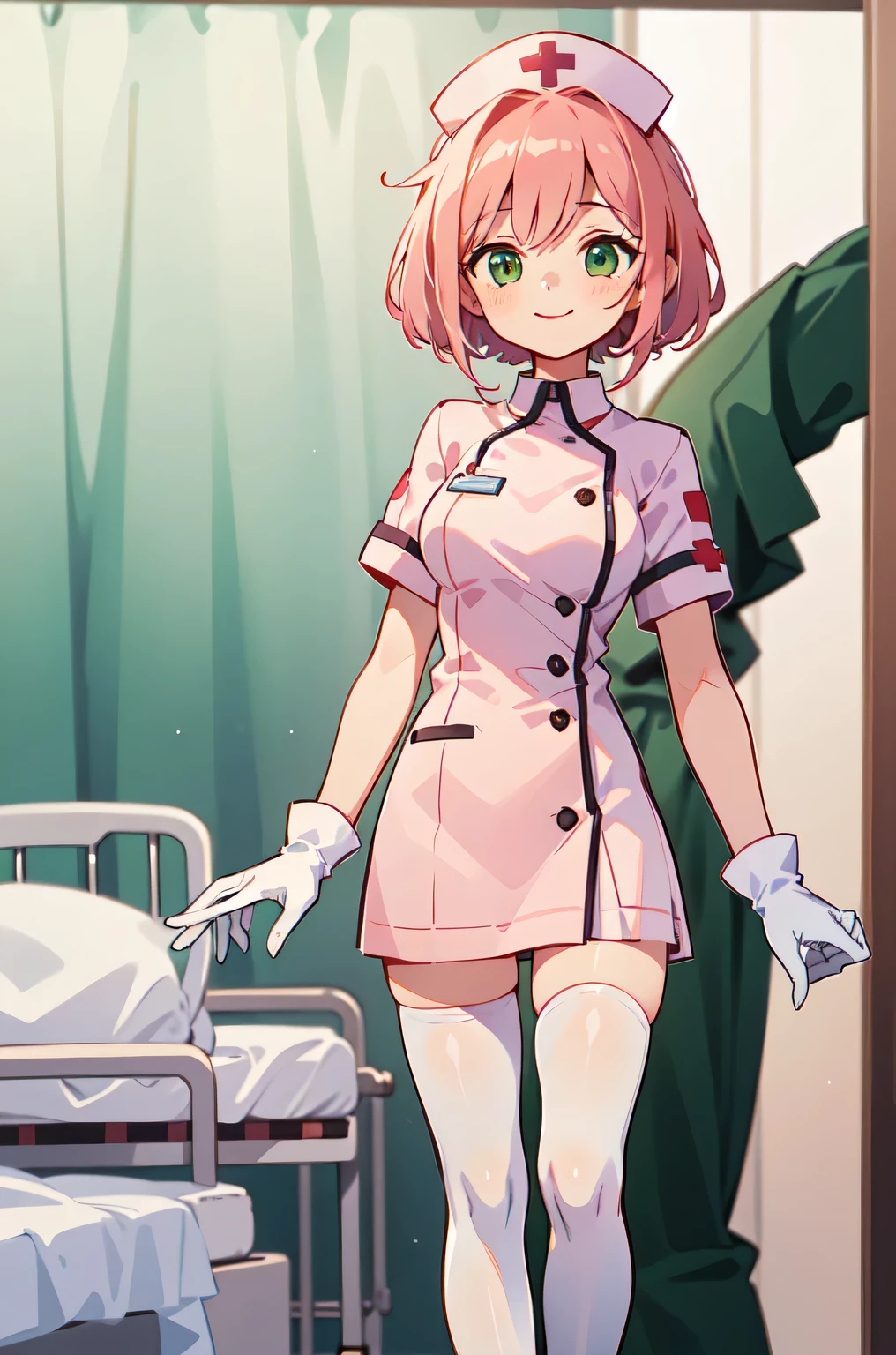 1girl, solo, nurse, white nurse cap, white nurse uniform, ((white legwear, zettai ryouiki)), white gloves, pink hair, green eyes, drooping eyes, smile, standing, ((hospital room)), sharp outline, short sleeves, best quality, masterpiece