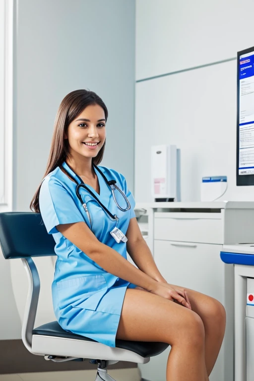 Young doctor in hospital sitting in clinic facing camera, paciente en consulta.