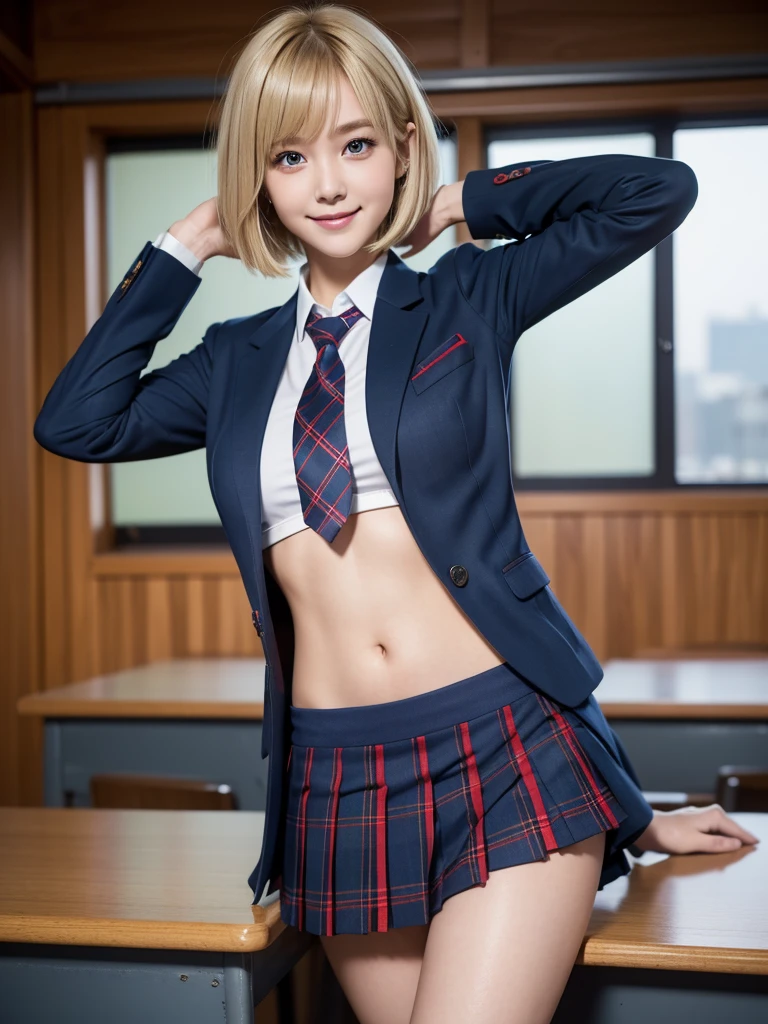 (8k, RAW Photos, highest quality), Stand in the classroom of school, (((((((One woman))))))), ((Blonde)), ((Short Bob Hair)), ((Detailed eyes)), ((smile)), ((Red tie)), (((Dark blue closed blazer))), (((A blue plaid pleated miniskirt that wraps around the hips))), Asymmetrical bangs, 少しのsmile, Thighs, knees, Random pose，pretty girl，Slender girl