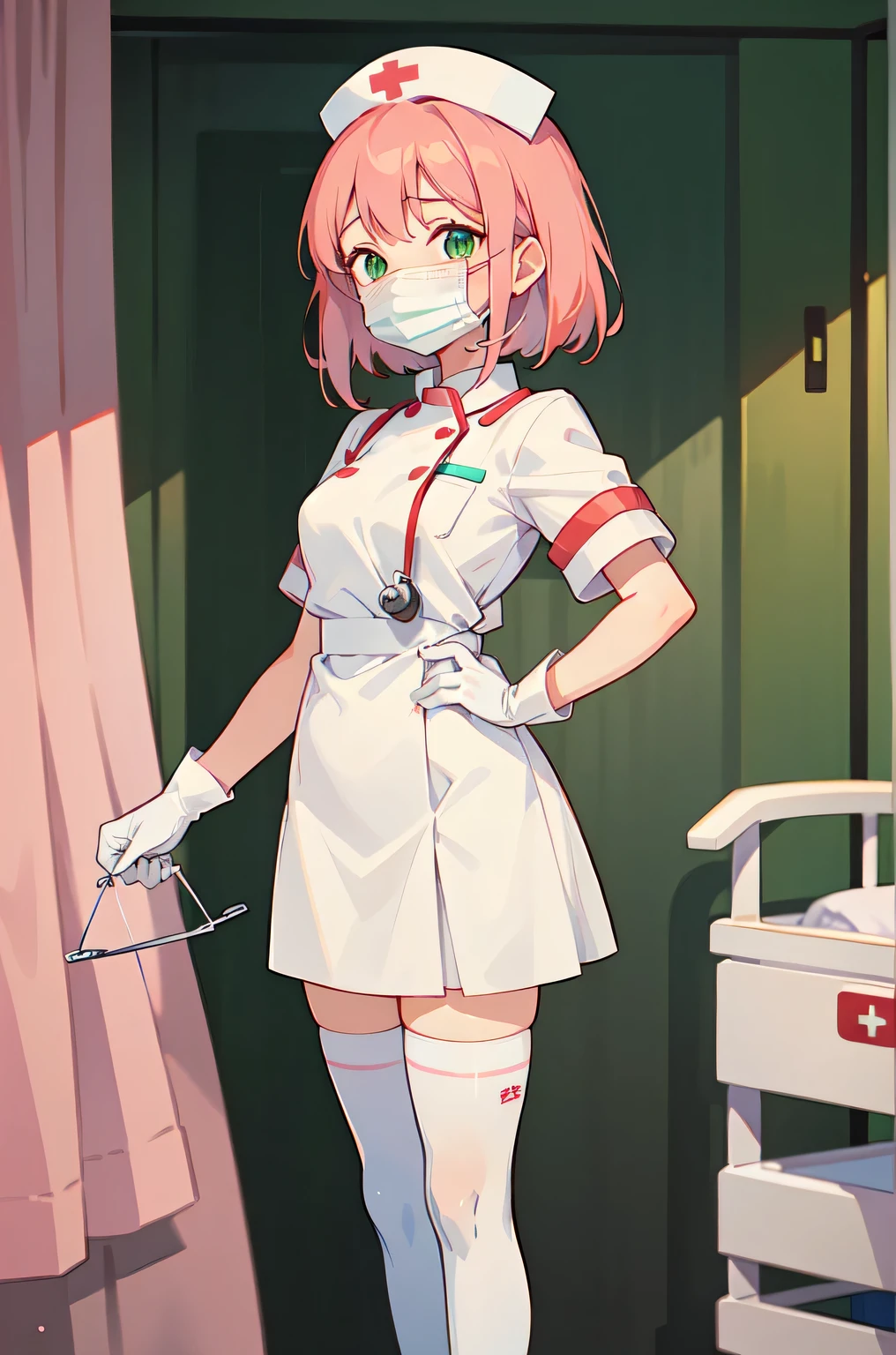 1girl, solo, nurse, white nurse cap, white nurse uniform, ((white legwear, zettai ryouiki)), white gloves, pink hair, green eyes, drooping eyes, ((white surgical mask, covered nose)), standing, ((hospital room)), sharp outline, short sleeves, best quality, masterpiece