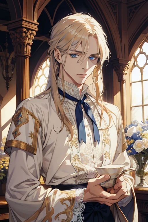 1 man, Realistic, master-piece, bestquality, Beautiful, detailed eyes and detailed faces.,natural light, Medieval Fantasy, European retro, White shirt, lace, Long dark golden hair, blue eyes, attractive, depressed, Decorative flowers, sunbeam